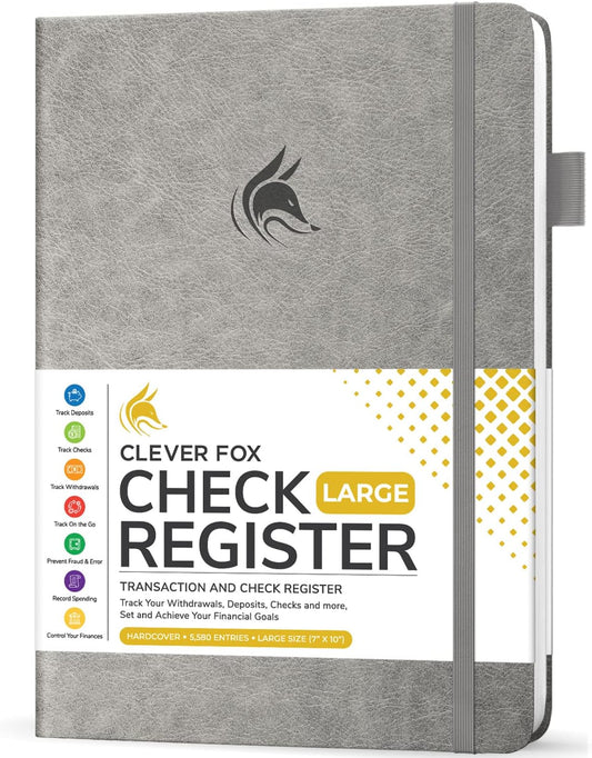 Clever Fox Check Register Book - Deluxe Transaction Register, Accounting Ledger Book, Checkbook Register & Checking Account Register Book for Personal and Work Use, Large Size, 7x10” - Gray