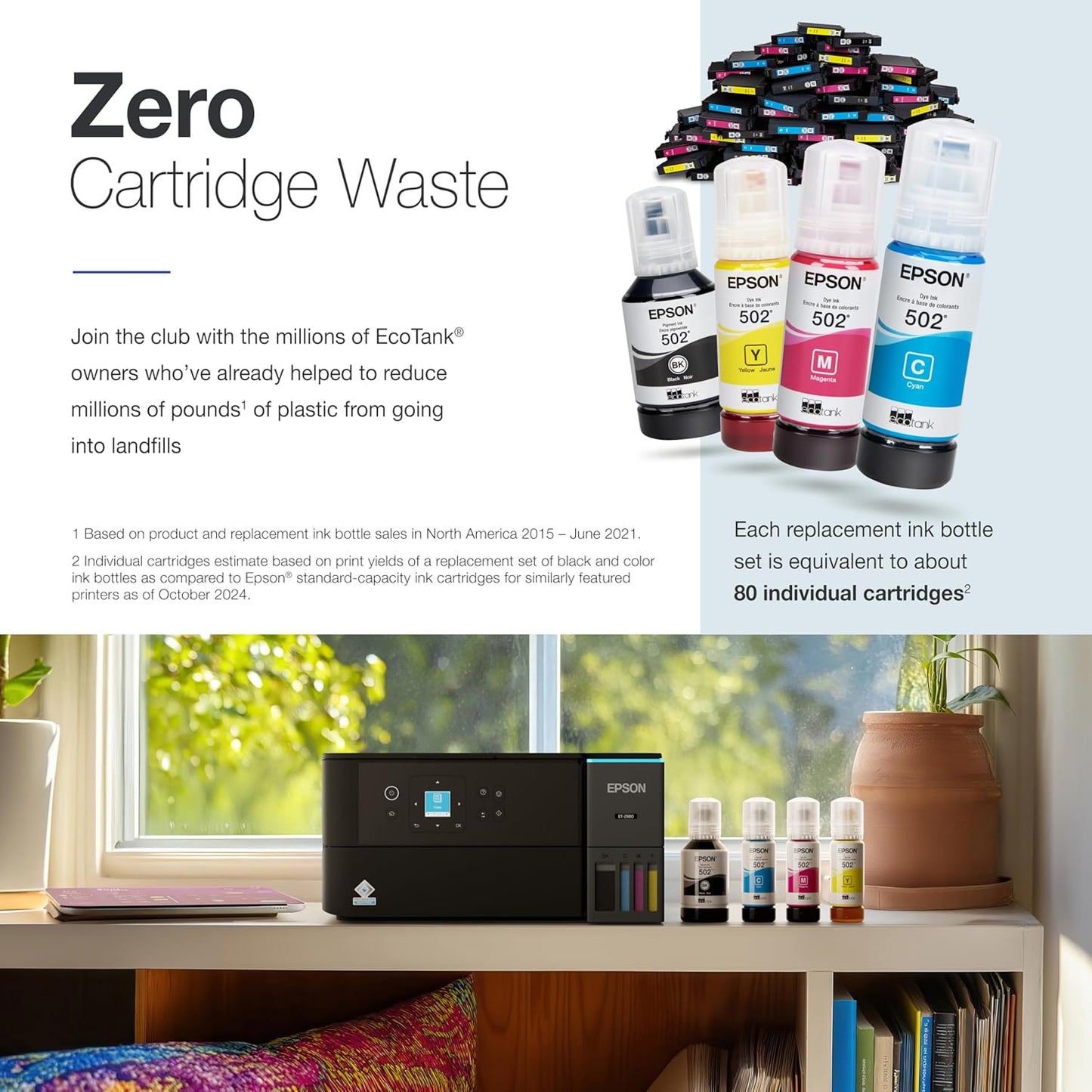 Epson EcoTank ET-2980 Wireless All-in-One Color Supertank Printer with up to 3 Years of Ink, Refillable Tanks, Perfect for Home, 15 PPM, 1.44" Color Screen, Auto 2-Sided Printing - Black