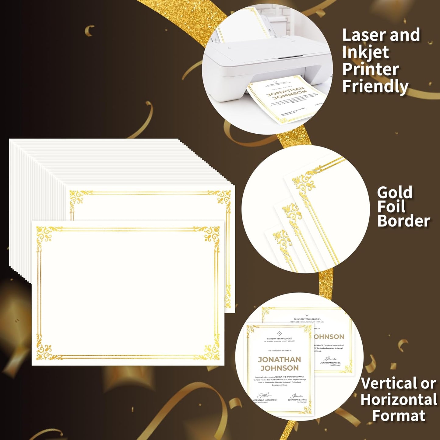 50 Sheets Certificate Paper for Printing,Gold Foil Metallic Border,8.5x11 inch Blank Award Certificate Paper,Laser & Inkjet Printer Compatible,For Office,Business Awards,School Diplomas（New Packaging）