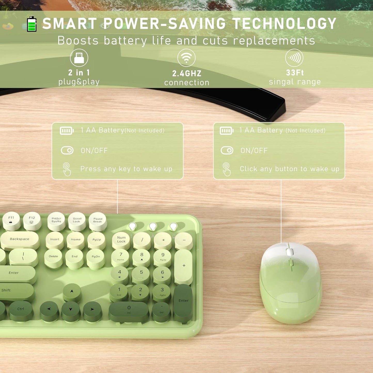 Wireless Keyboard and Mouse, Full-Size Retro Typewriter Keyboard with Round Keycaps, 2.4GHz for Windows, Mac, Laptop, PC, Desktop (Green Gradient)