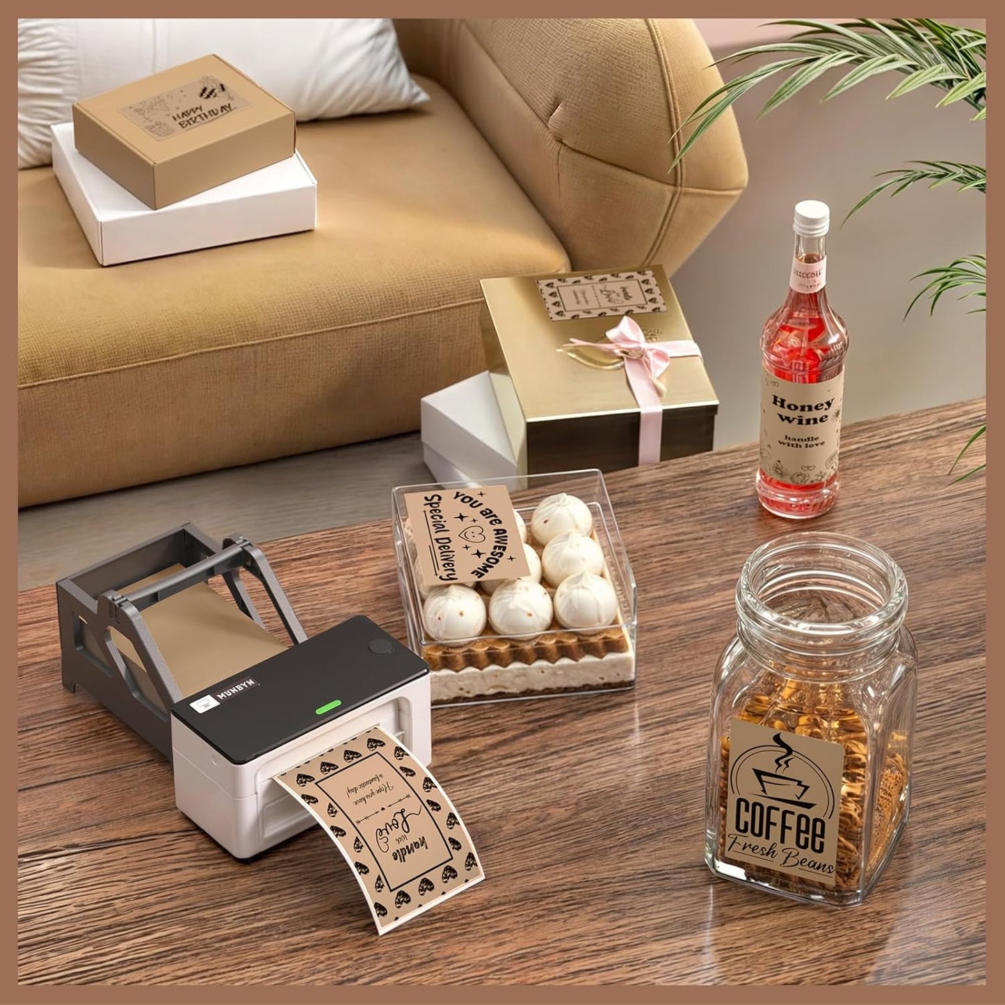 MUNBYN Brown 4"x6" Direct Thermal Shipping Labels, Commercial Grade Permanent Adhesive Fanfold Mailing Postage Label Paper for Thermal Printers and Packages, 220 Sheets per Stack