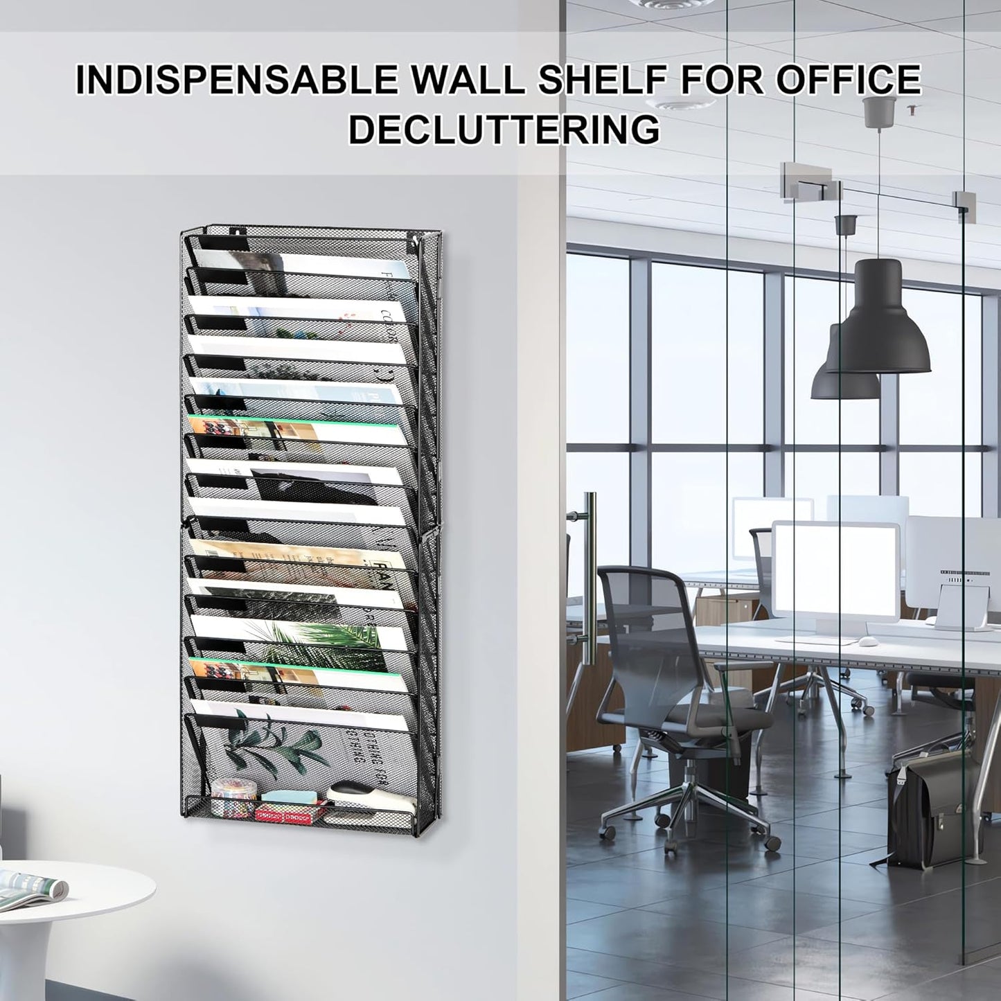 EasyPAG 14 Tier Wall File Holder with Flat Tray, Black | Easy Assemble Mesh Desk File Organizer | 13-Folder Paper Storage | Replaceable Classify Labels | Space Saving Mail Organizer for Office Home