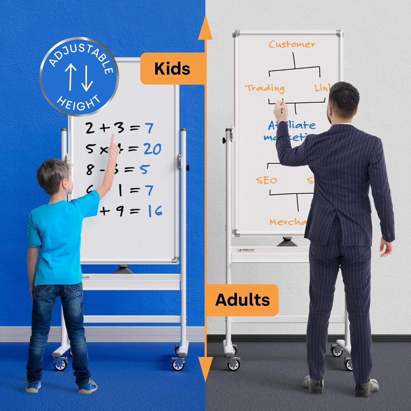 Rolling Dry Erase Board 24 x 48 - Large Portable Magnetic Whiteboard with Stand - Double Sided Easel Style Whiteboard with Wheels - Mobile Standing White Board for Office, Classroom & Home
