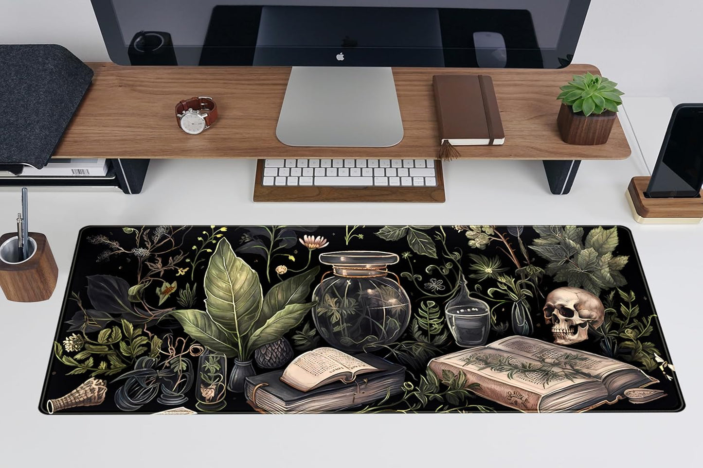 Dark Academia Desk Mat Mouse Pad XL Extended Large Gaming Desk Pad Mousepad, Mystical Green Plant Computer Laptop Keyboard and Mouse Mat, Desktop Protector Mat for Women Girl Office 31.5x11.8 in