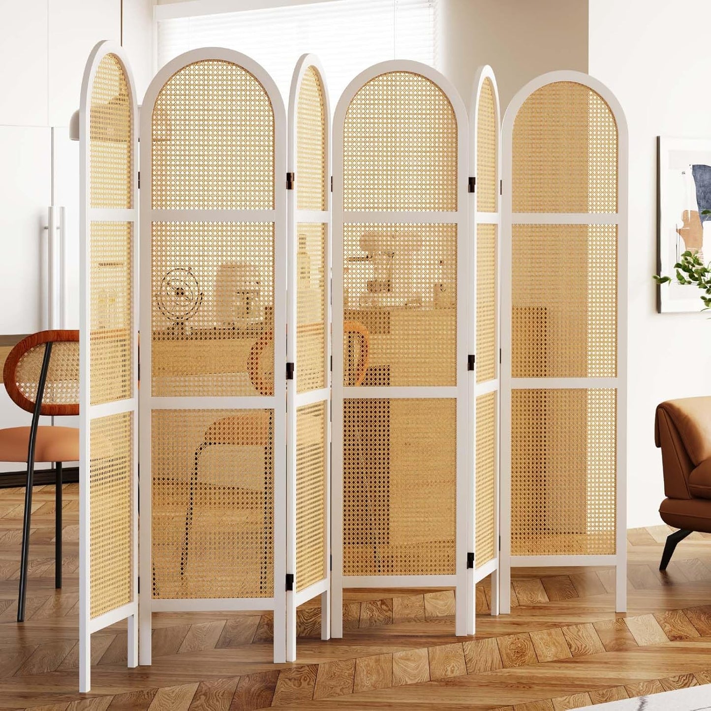 Room Dividers and Folding Privacy Screens, 5.6 Ft Double Hinged Rattan Partition Freestanding Wall Room Divider for Home - 6 Panels (White)