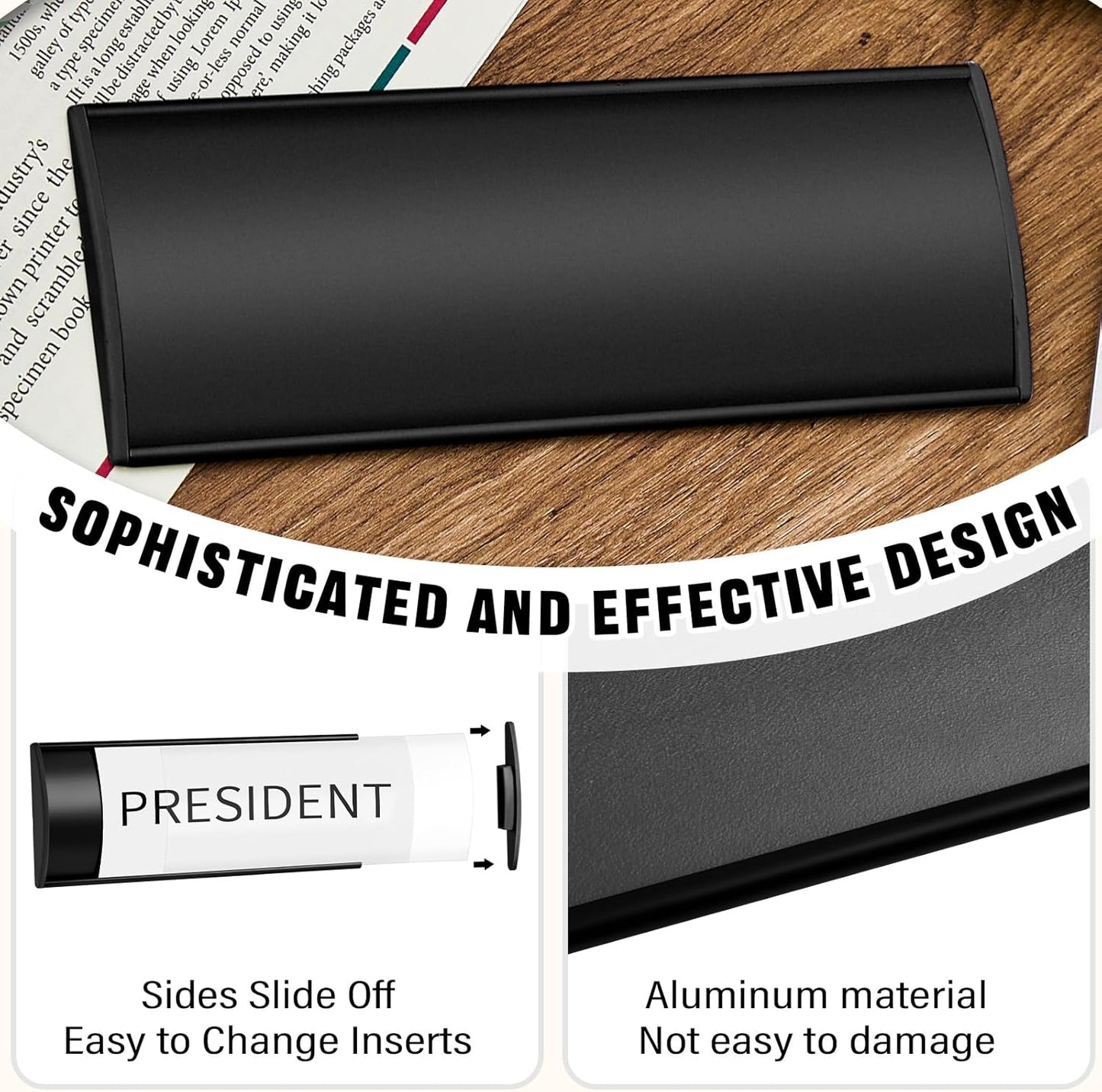 Therwen 25 Pcs Aluminum Office Name Plate Holder for Door Wall Mount 8'' x 3'' Business Sign Holder Office Door Sign Sturdy Curved with Plastic Film and Adhesive Tape(Black)