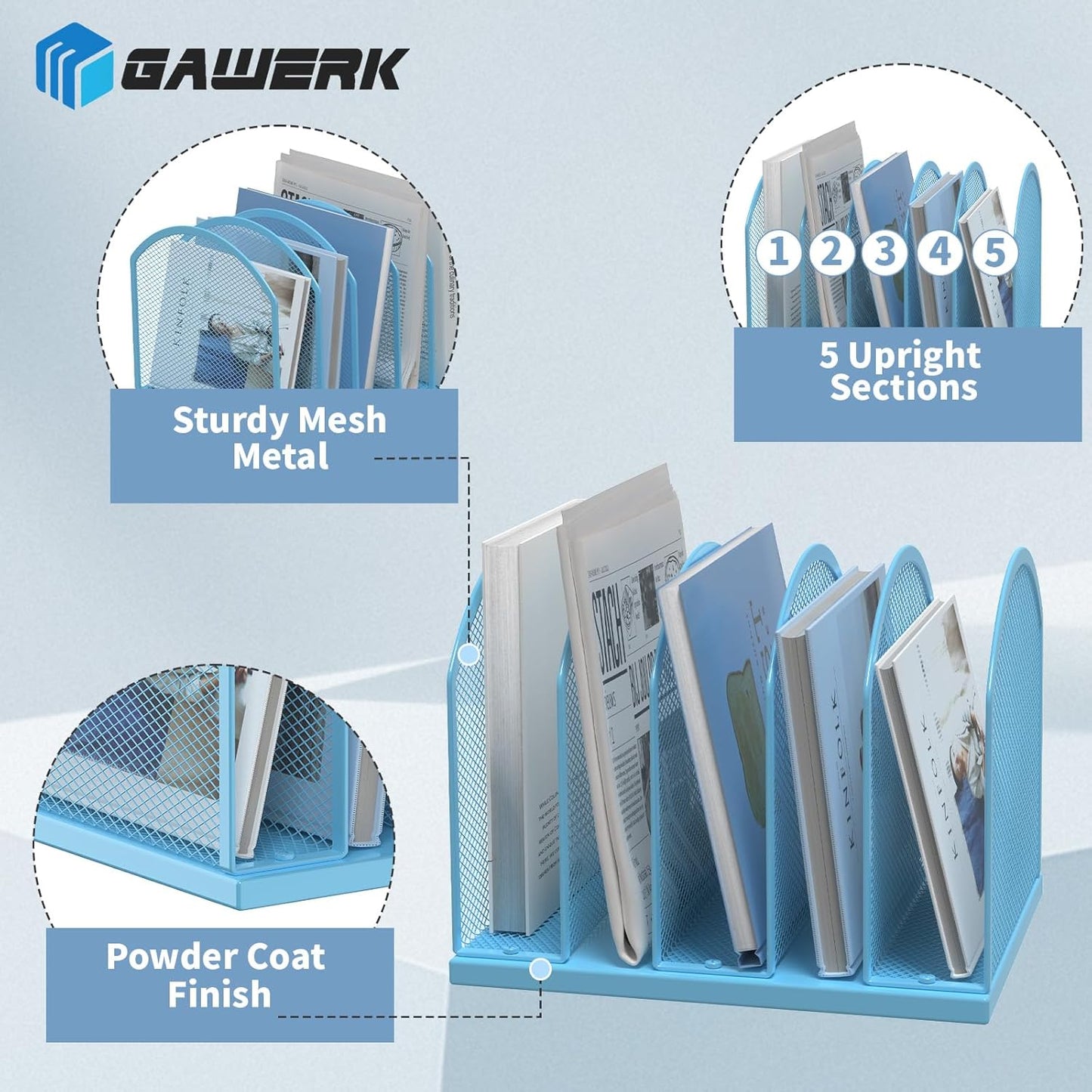 5-Section Vertical Desktop Organizer, 5-Section Mesh File Folder Stand Sorter for Office Home Classroom Organization (1, Blue)