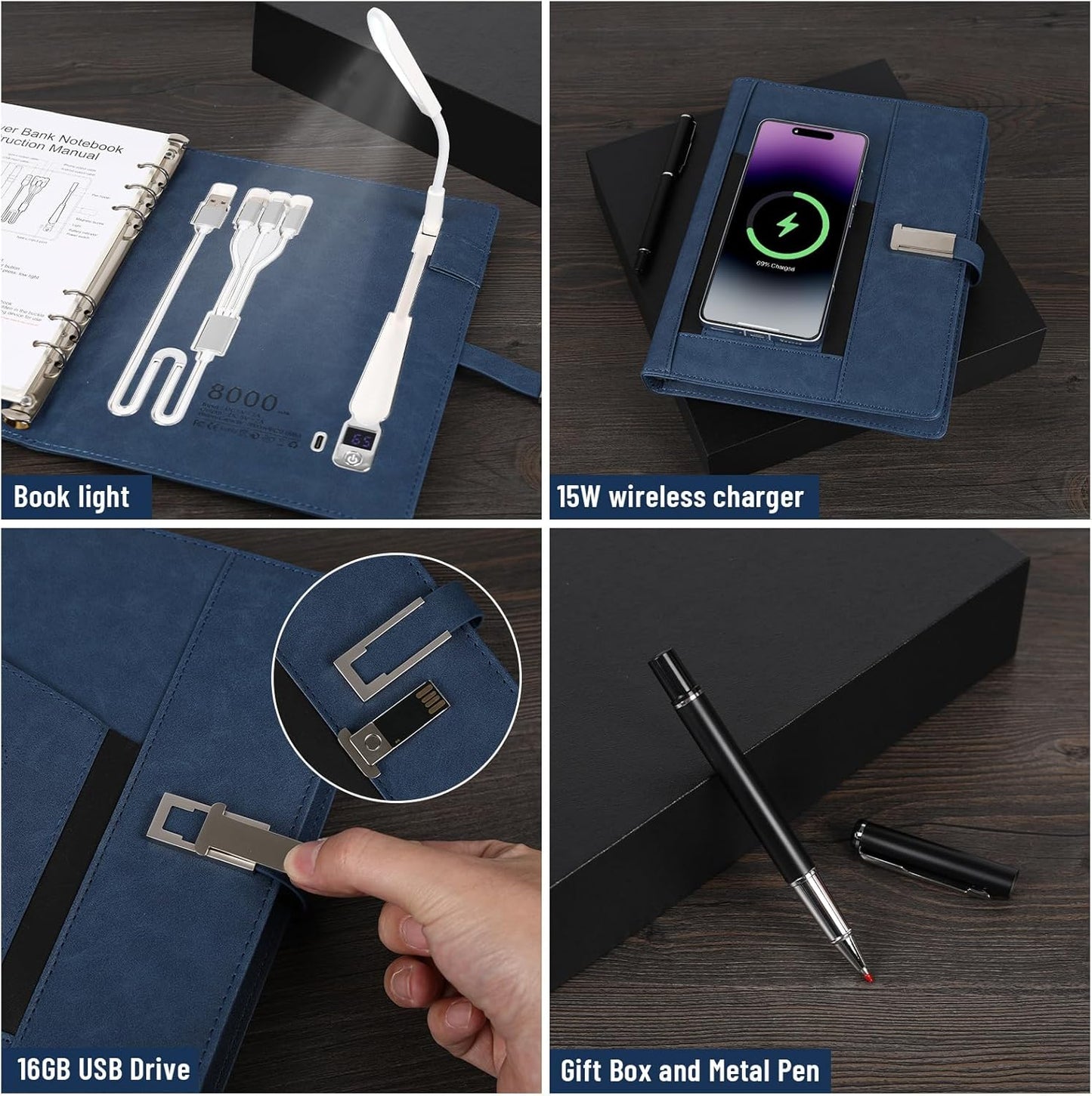 Premium Refillable Planner & Notebooks For Work,Rocketbook Notebook,With 8000mAh Power Bank, Book Light,3 in 1 Charger Cable,Card Holder,16G Thumb Drive,Used for Studying, Or Creating (Blue)