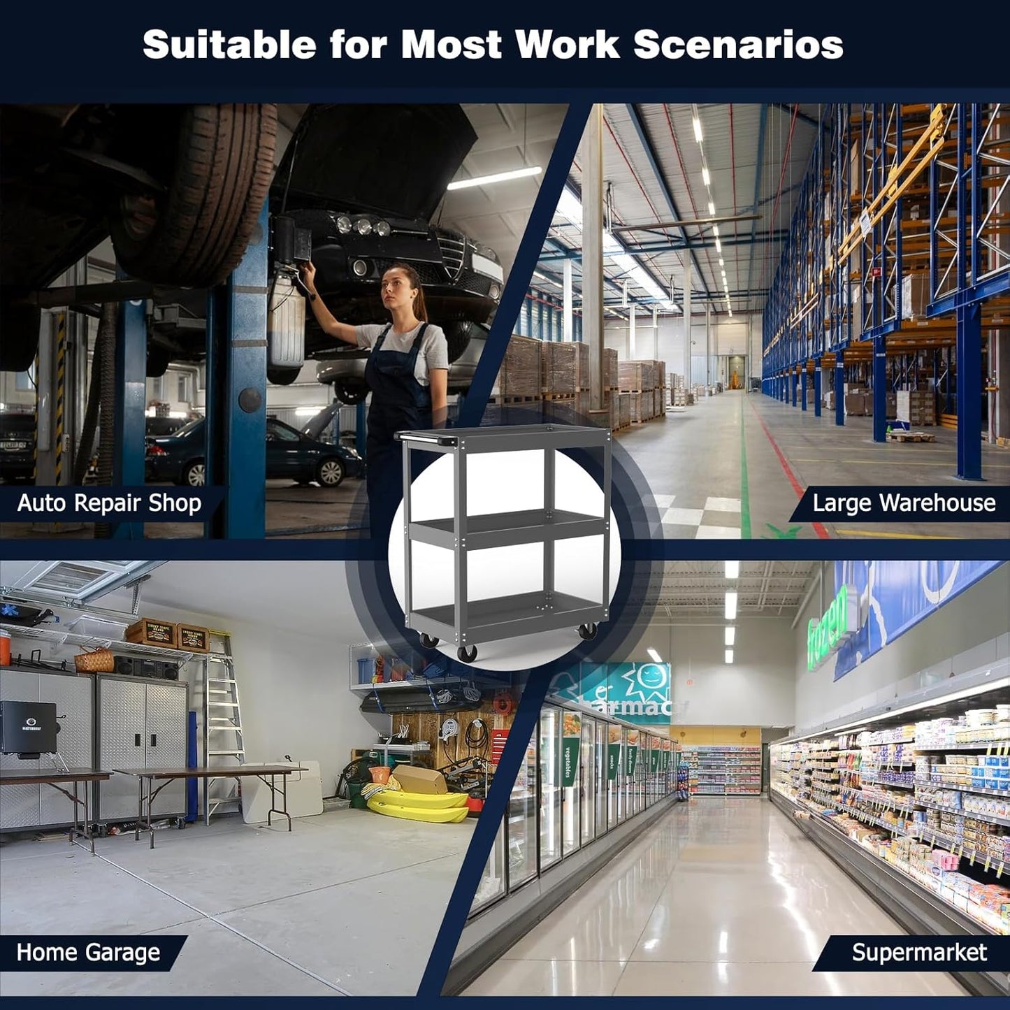 ALANNG 330 LBS Rolling Tool Cart, Heavy Duty Mechanic Cart, Metal Service Cart for Garage Workshop (Grey, 1 Pack)