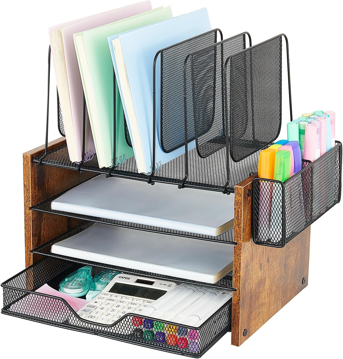 Wood Desk Organizers and Accessories, 4-Tier Workspace Desktop Paper Organizer with Drawer, 5 Vertical File Holders and Pen Holder for Office Supplies