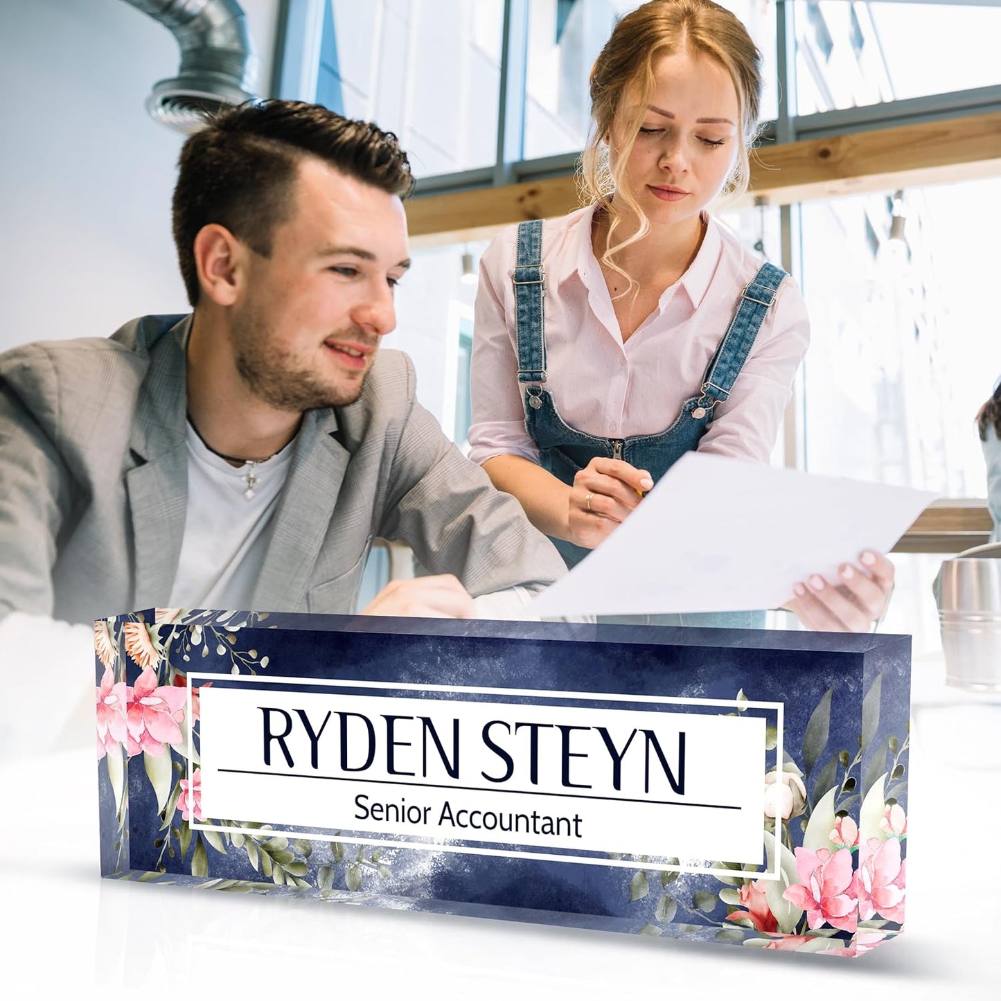 Acrylic Name Plate Personalized, Teacher Name Plates for Desks Classroom, Gifts for Teacher Boss Employee Appreciation Office Desk Decor (Midnight Flowers)