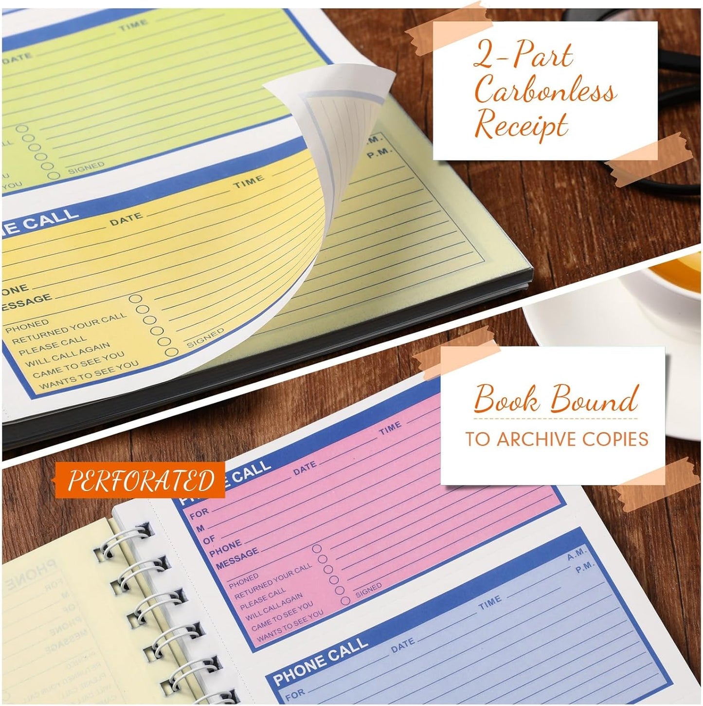 1 Pcs Spiral Bound Phone Message Book 5-1/2" x 11" 2 Part Colorful Carbonless Phone Message Pads 4 Messages Per Page Carbon Copy Notebook Spiral Phone Call Log Book for Business Office