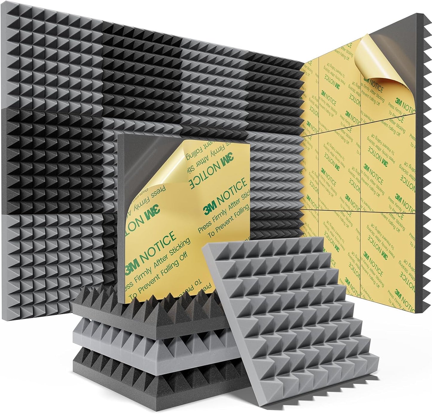 Sonicism Sound Proof Foam Panels for Walls Self-Adhesive Pyramid 12 Pack,12"X12"X2" Acoustic Panels,35kg/m³High Density Soundproof Wall Panels Fast Expand,Sound Absorption and Decoration,Black/Gray