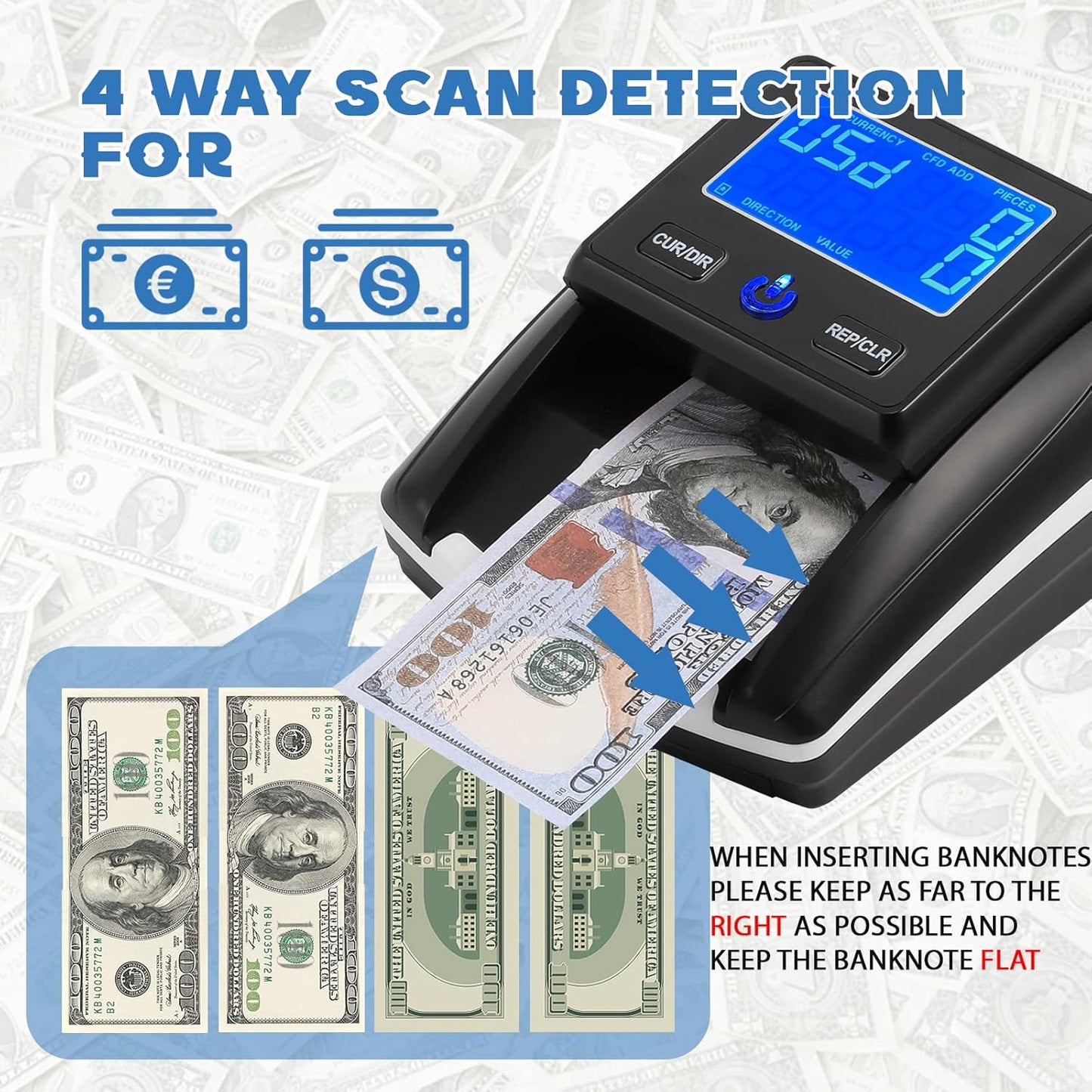 Portable Counterfeit Bill Detector, Rechargeable 4 Way Direction Bill Checker Machine with Visual & Audible Reminding, 1s Accurate Money Detector for Car/Office/Home with Total Value Display