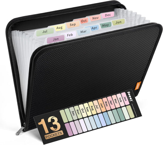 Sooez 13 Pocket Accordion File Organizer, Zipper Expanding File Folder Organizer, Reinforced Plastic Accordion Folder, A4 Letter Size, Portable Folders for Documents, Black