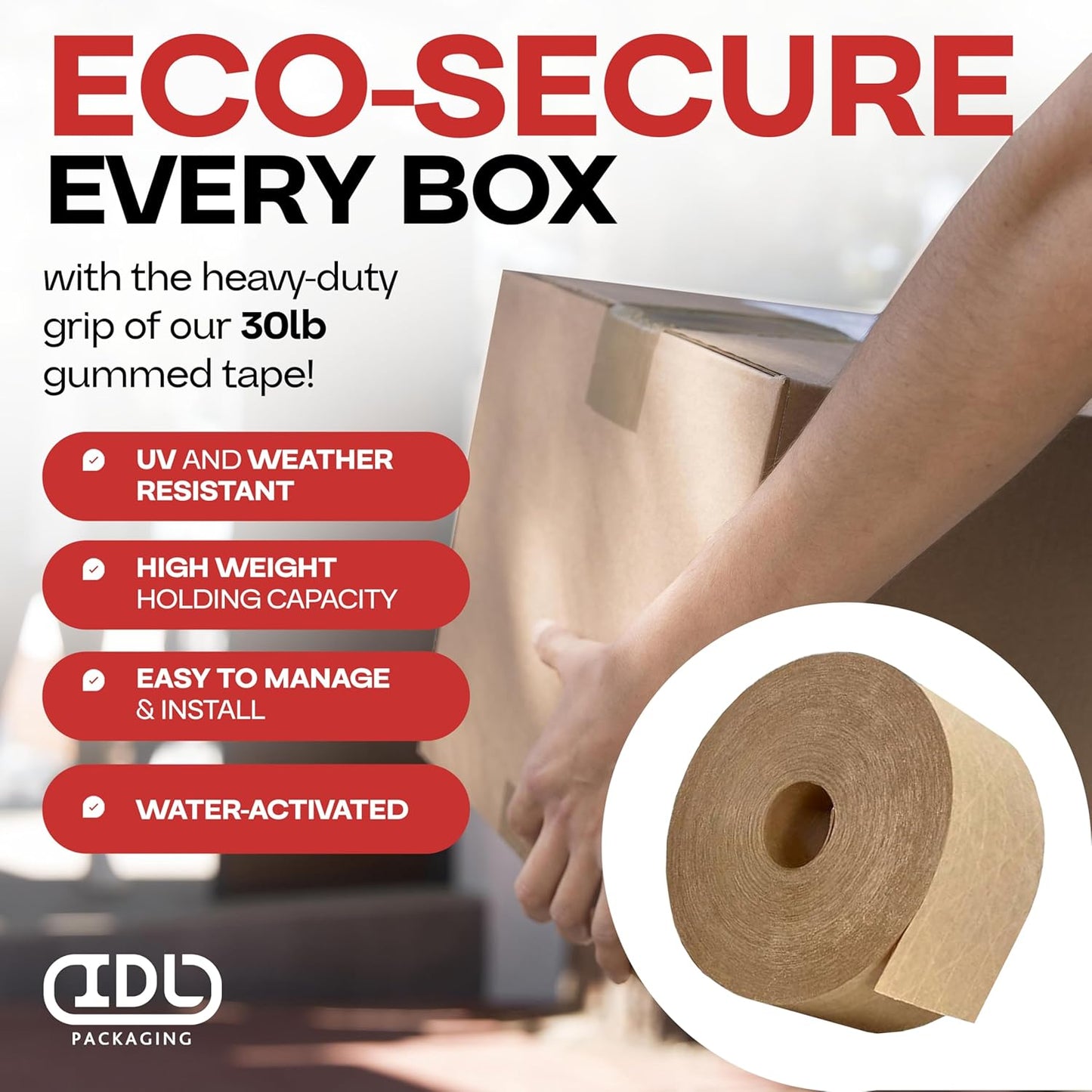 IDL Packaging 2.83" x 450 feet Reinforced Water-Activated Kraft Gummed Tape 30lb Thickness (Pack of 10) - Secure Paper Packing Tape for Secure Carton Sealing - Heavy-Duty for All Conditions, Brown