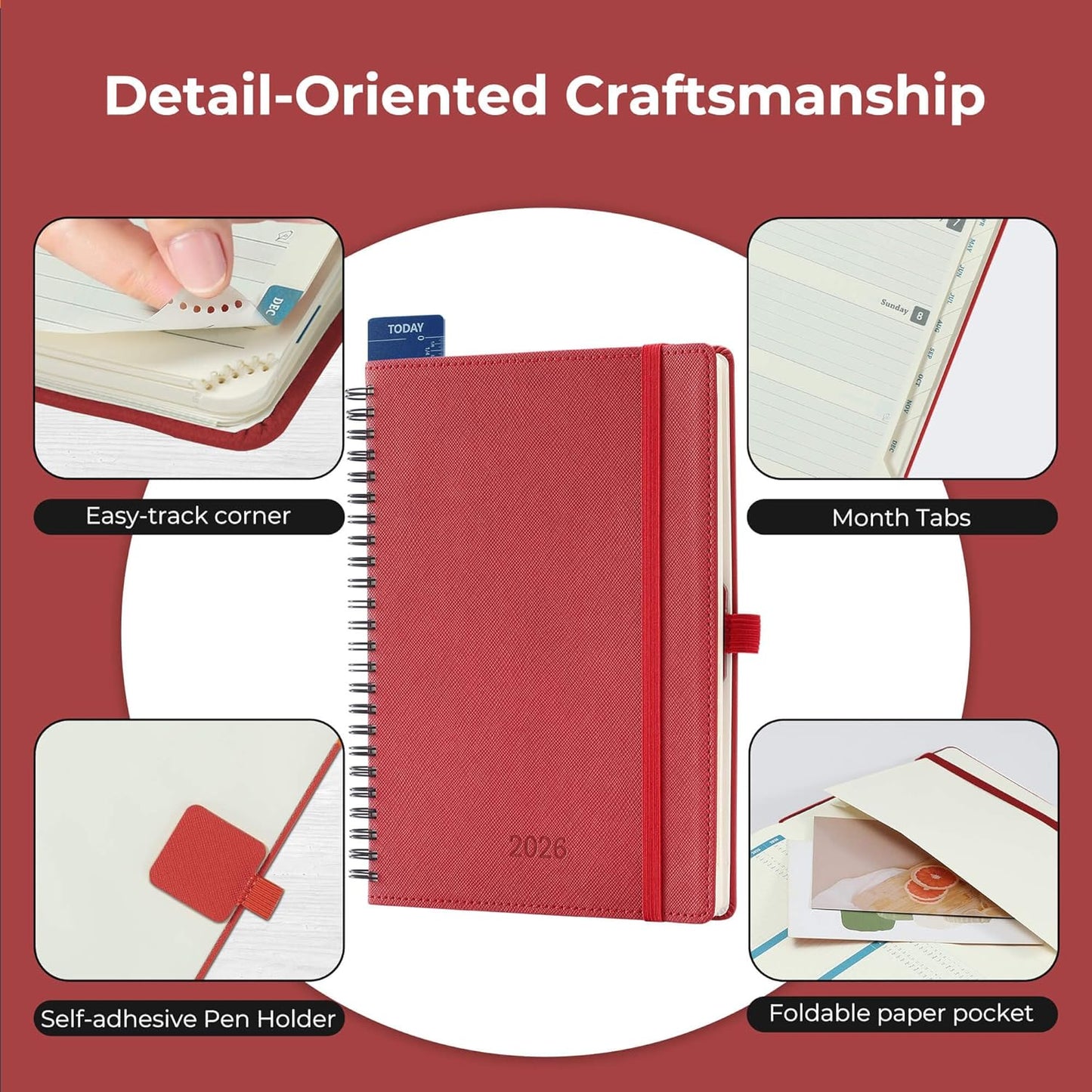 Planner 2026 Daily Weekly and Monthly,8.5"x6.5",12 Months Spiral Bound Calendar Agenda with Self-adhesive Pen Holder,2026 Appointment Book with Vegan Leather Soft Cover,Red