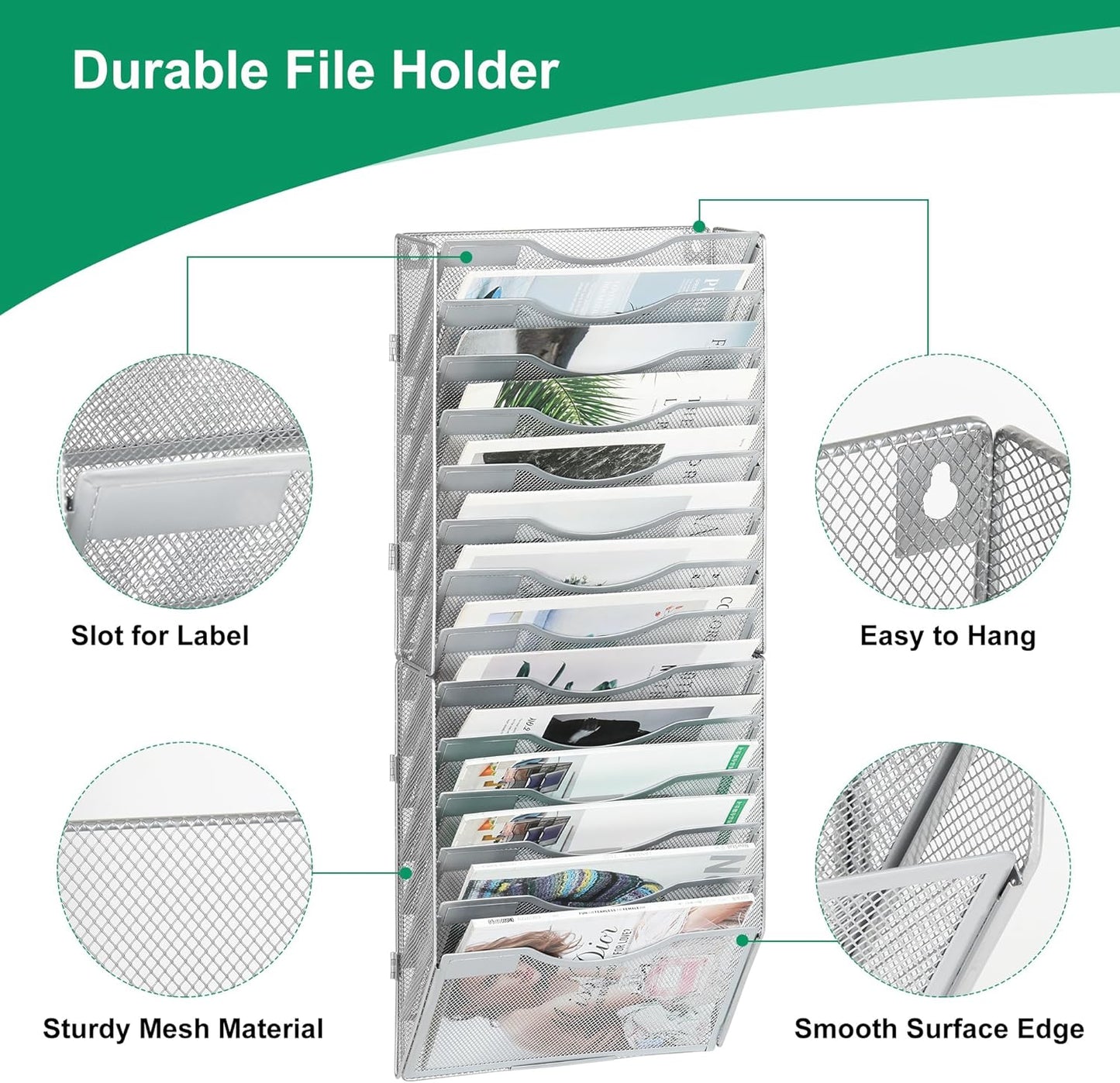 14-Pocket Wall File Organizer, Hanging Mail Organizer Wall Mounted Paper Document Holder, Metal Clipboard Storage Basket for Office Home School Organization, Silver