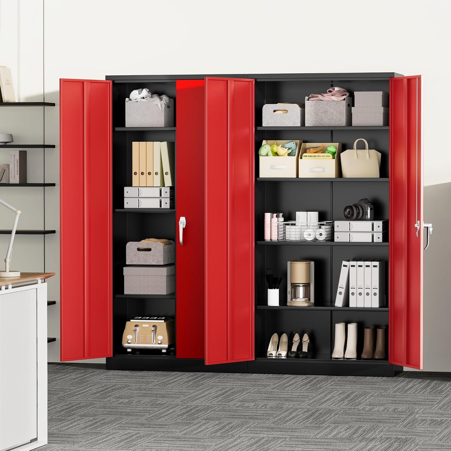 Greenvelly Metal Garage Storage Cabinet with Lock, 72" Metal Storage Cabinet with 2Doors and 4Adjustable Shelves, for Home Office, School,Gym (Black&Red)