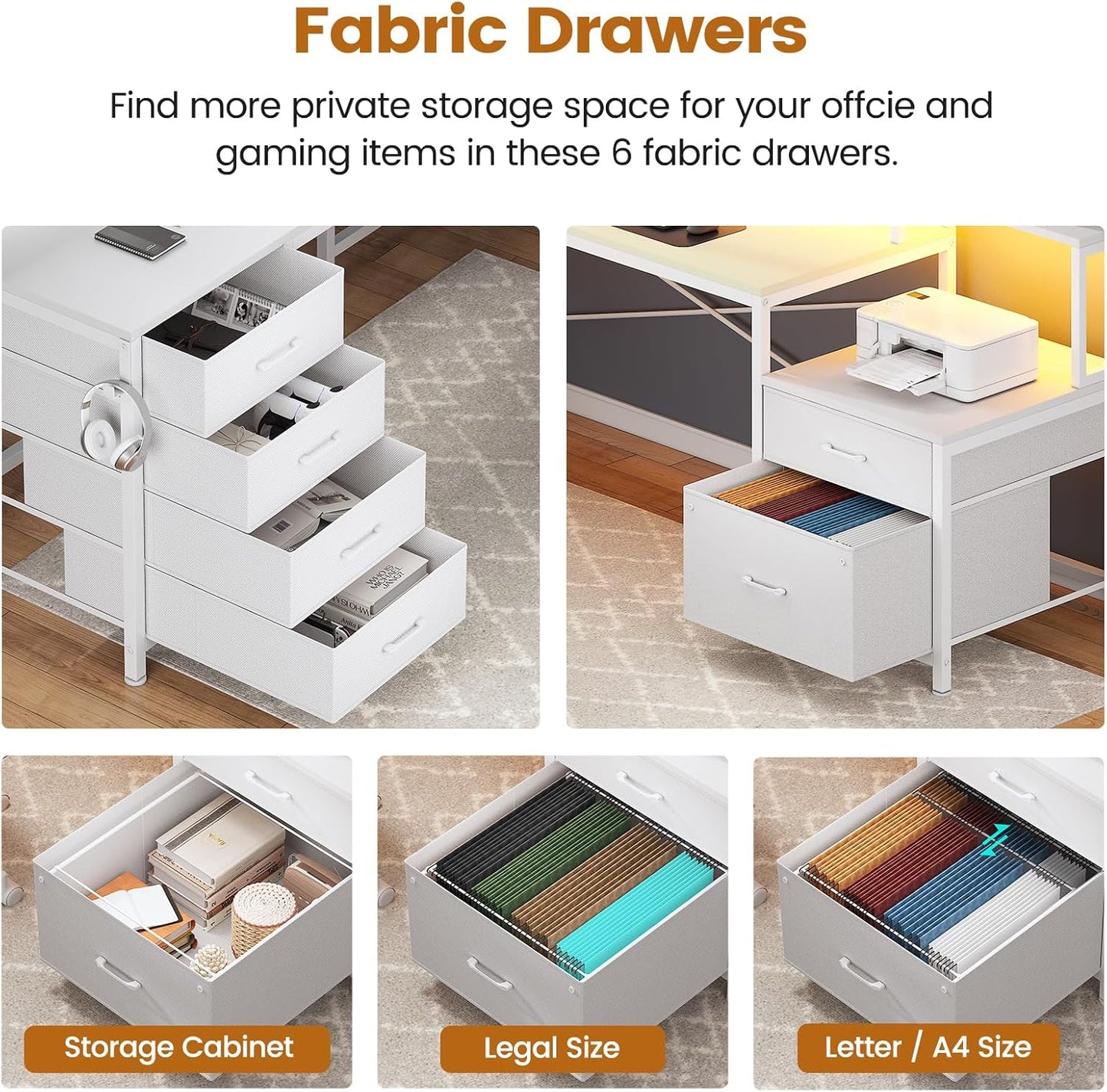 SEDETA L Shaped Desk with 6 Drawer, 108" Home Office Desk with File Drawer & Power Outlet, Corner Computer Desk with Monitor Shelf, File Cabinet, Two Person Desk, Gaming Desk with Led Lights, White