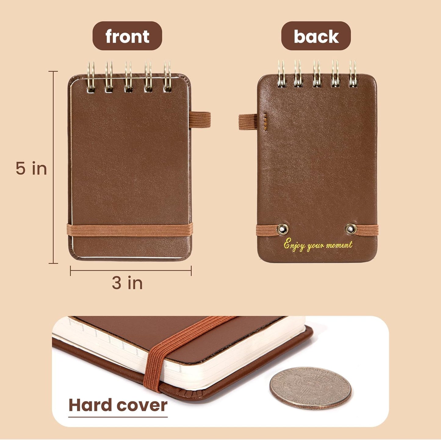 Yoment Small Notebooks 3x5 Leather Pocket Notepad 150 Pages Mini Top Spiral Notebook, 100 GSM Thick Paper, Memo Note Pads for Work School Nursing, Brown