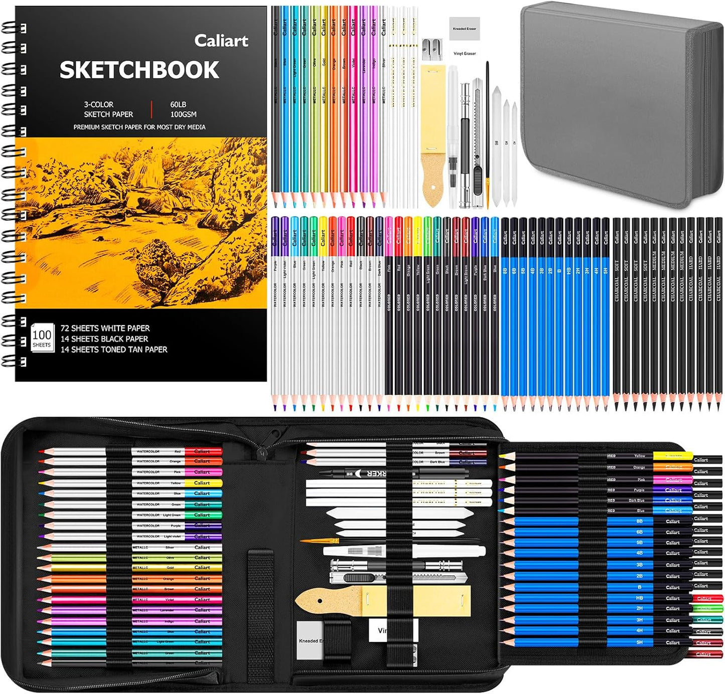 Caliart 176PCS Art Supplies Sketching Kit with 100 Sheets 3-Color Sketch Book, Graphite Colored Charcoal Watercolor & Metallic Pencils, School Supplies Gifts for Artists Adults Teens Girls Boys Kids