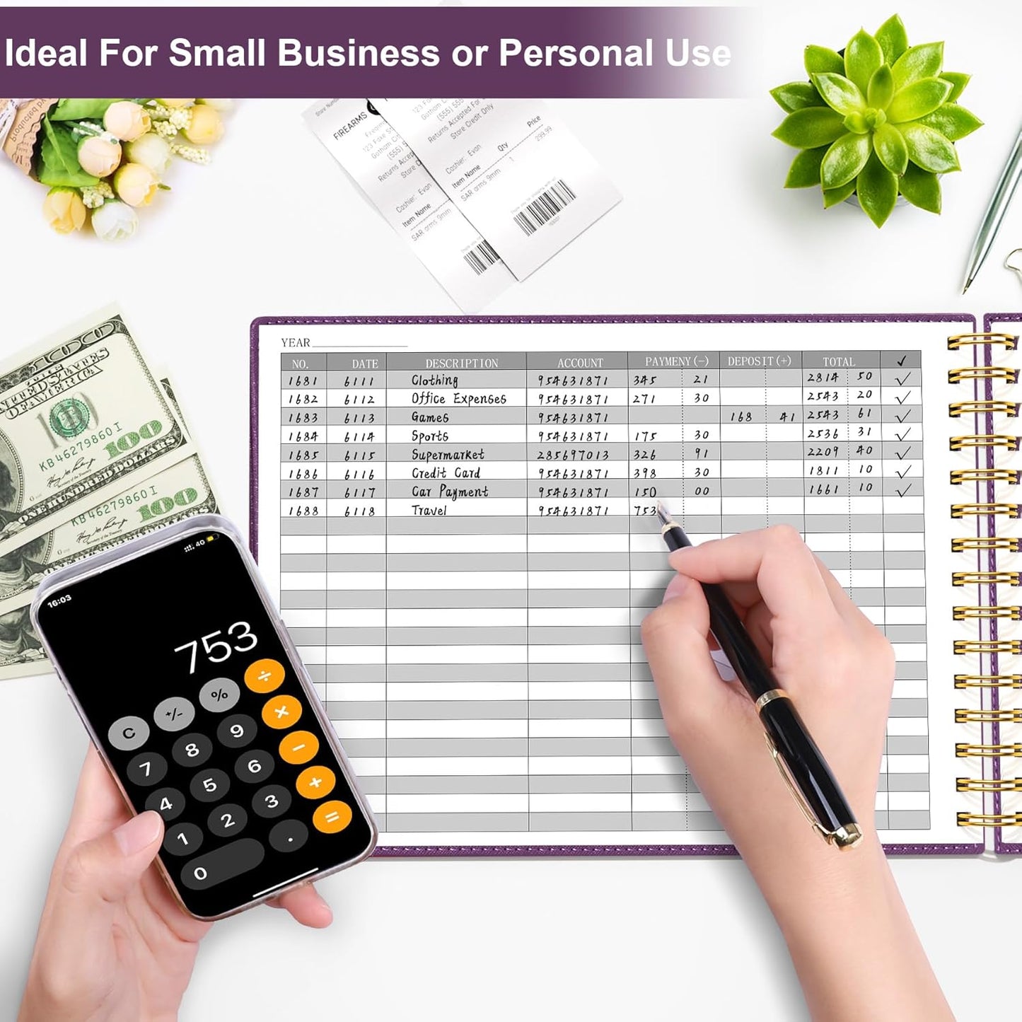 HAUTOCO Hardcover Accounting Ledger Book for Small Business Bookkeeping Horizontal Money Expense Tracker Notebook with 2 Storage Pouch, Personal Columnar Log Journal 10.78 x 8'', Deep Purple