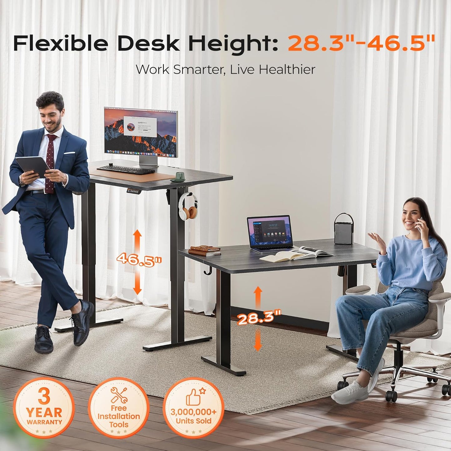 Huuger 48 x 28 Large Electric Standing Desk, Height Adjustable Desk, 27.6" Deep Desktop, Stand up Gaming, 2 Hooks, 3 Preset Heights, for Home Office, Grey