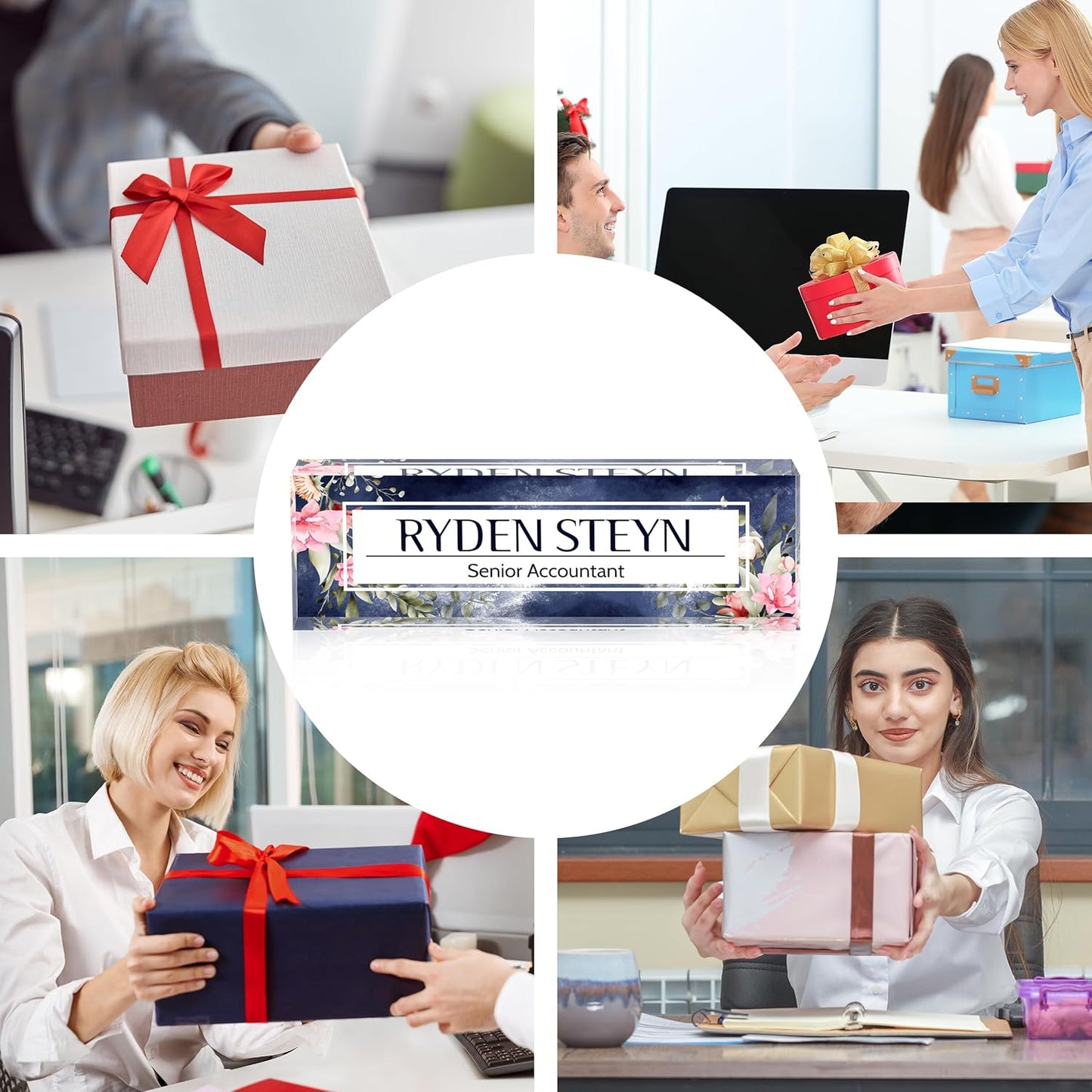 Acrylic Name Plate Personalized, Teacher Name Plates for Desks Classroom, Gifts for Teacher Boss Employee Appreciation Office Desk Decor (Midnight Flowers)