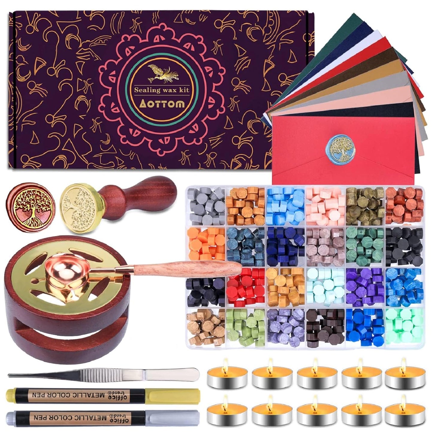 Aottom Wax Seal Stamp Kit with Gift Box, 24 Colors 650 Pcs Beads, Warmer, Envelopes, Candles, Stamp, Metallic Pen for Gift and Decoration