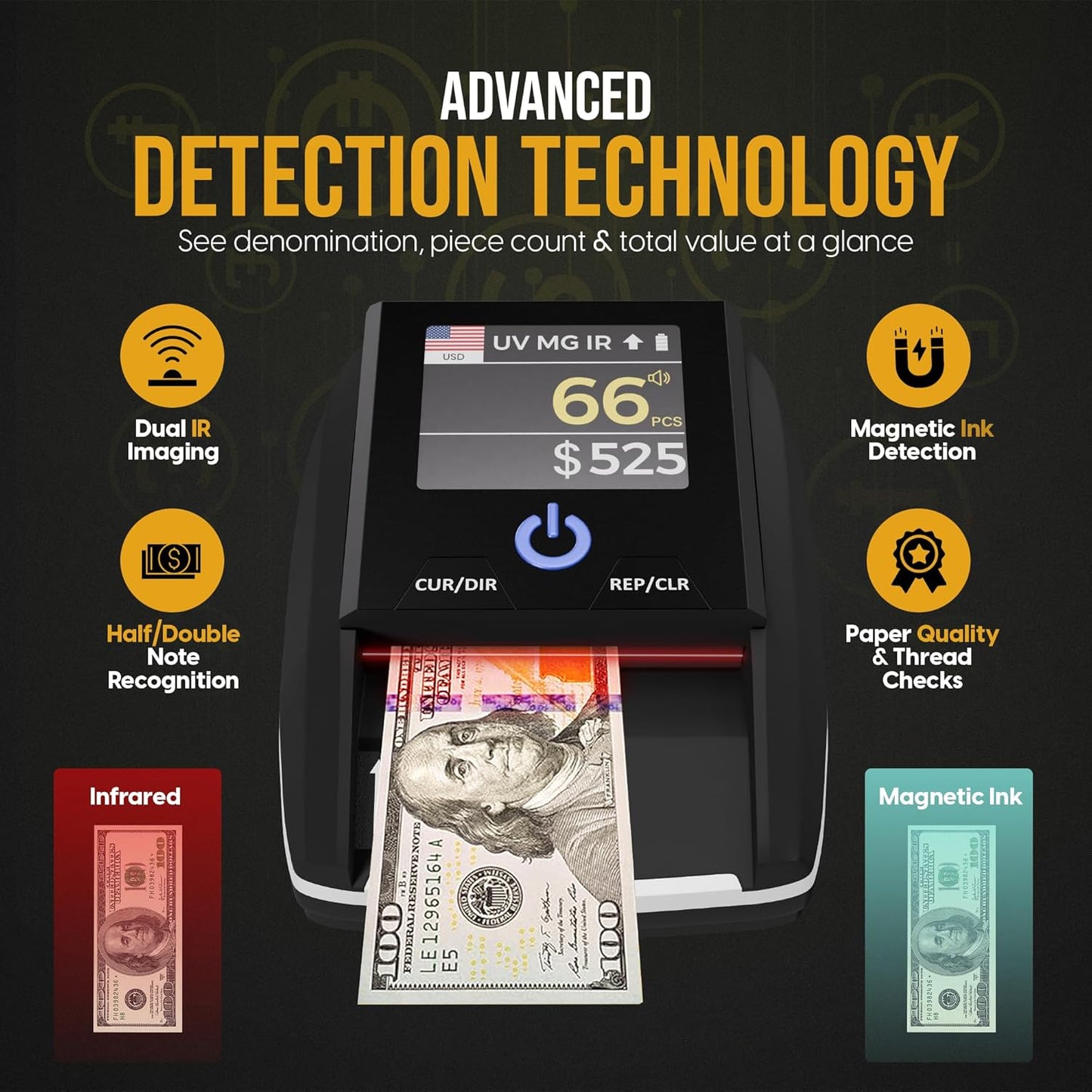 Counterfeit Bill Detector - Counterfeit Money Detector Machine PC278, 4-Way Detection - Money Checker Machine – LED Color Display, UV/MG/IR/Magnetic Rechargeable Fake Bill Detector