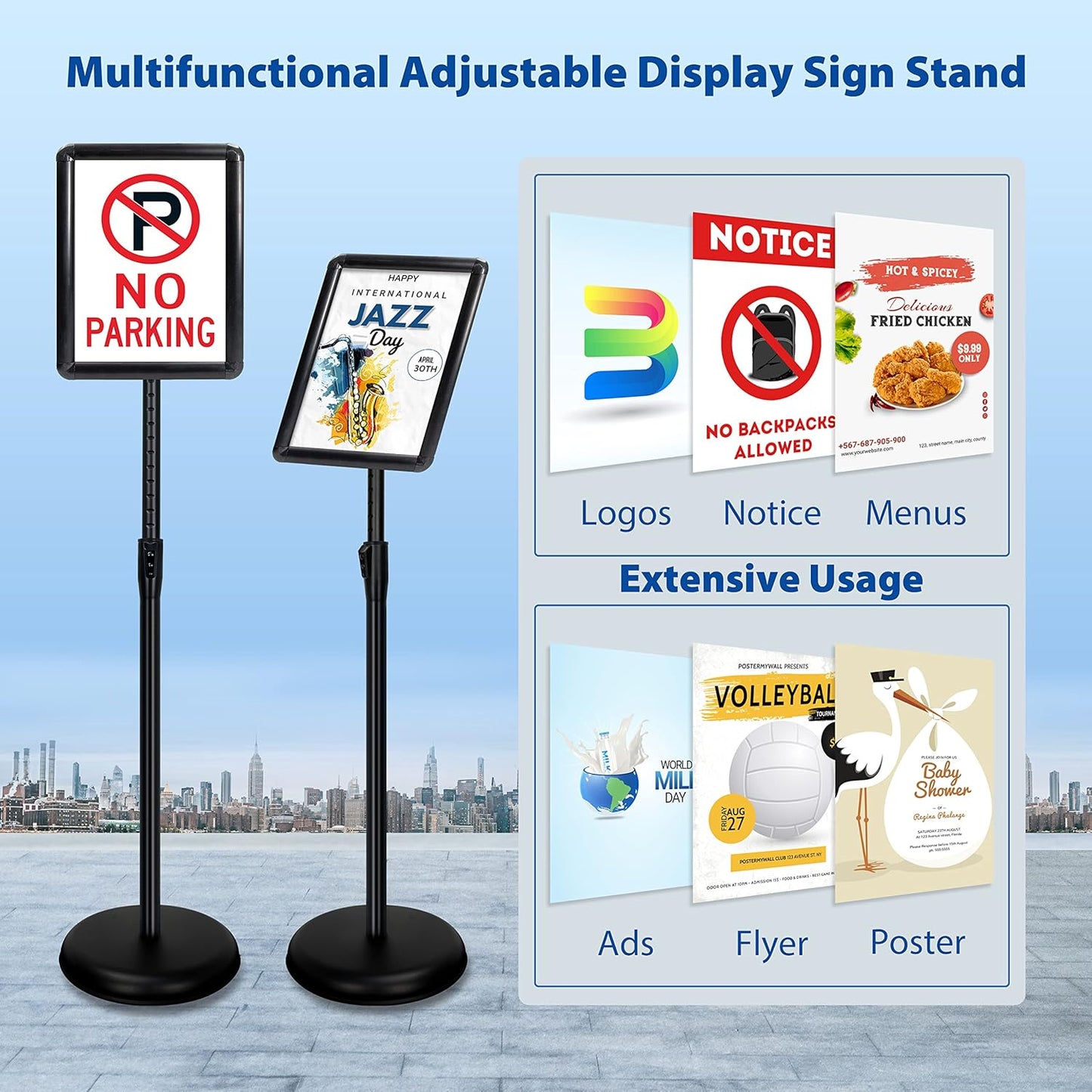 6-Packs Sign Holder Stand for Display 8.5x11 Inch - Adjustable Floor Standing Sign Holder - Pedestal Poster Stand with Vertical & Horizontal View, Indoor/Outdoor Business & Store Signage(Black)