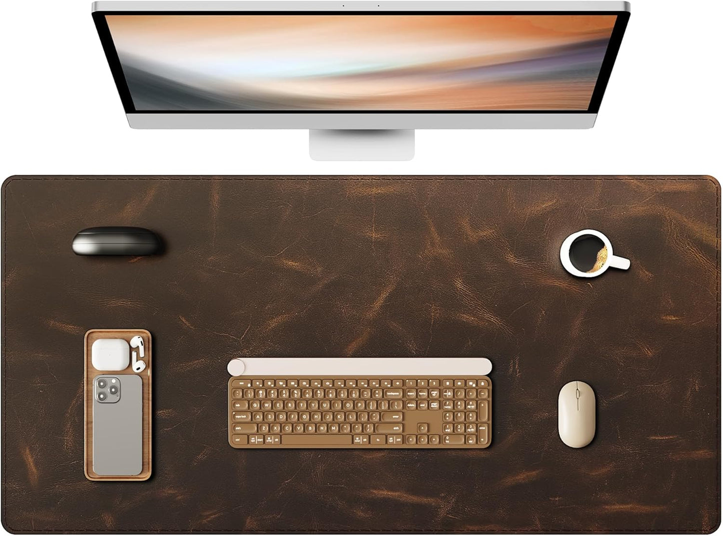 YSAGi Leather Desk Mat, 31.5"x15.8"Real Leather Desk Pad,3mm Thick Desk Blotter with Stiched line,Oil-Wax Feel Mouse pad and Self-Healing Laptop Pad for Home & Office(Classic Dark Brown)