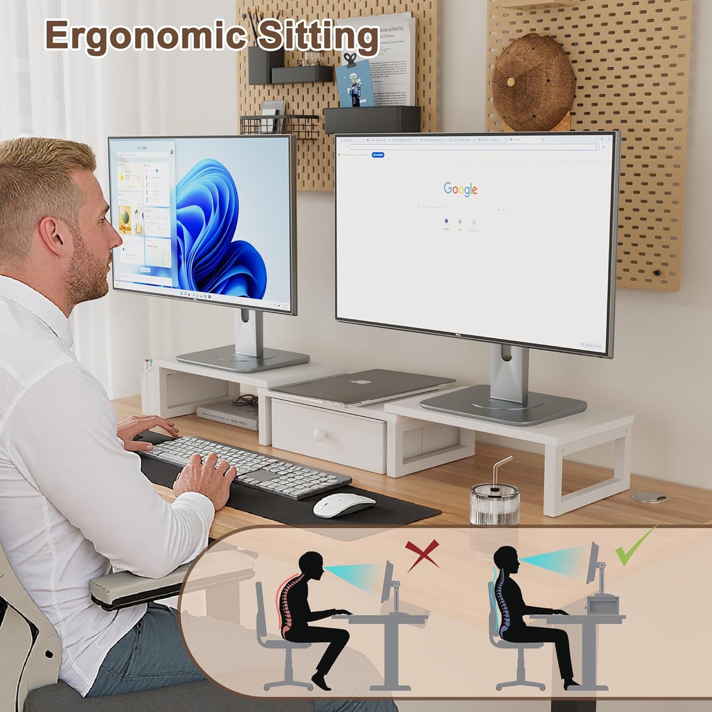 LAND·VOI Heavy Duty Dual Monitor Stand, Holds 2 Screens Up to 27 Inches, Adjustable Length and Angle Monitor Riser, Desk Organizer with Side Pockets and Drawers, Home Office Desk Storage, White