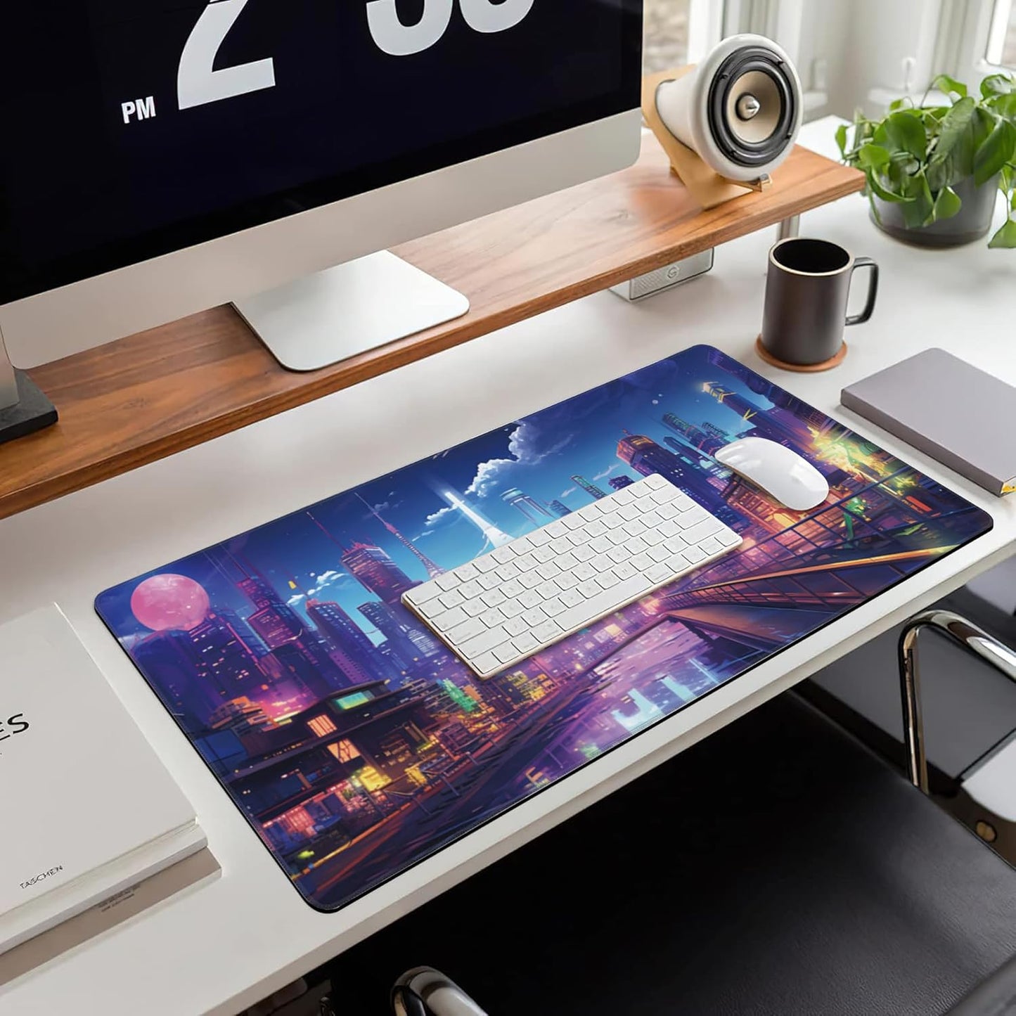 Extended Large Gaming Mouse Pad, Cyberpunk Streets Large Desk Mat for Desktop XXL, Non-Slip Rubber Base Stitched Edges Long Computer Keyboard Desk Pad Mouse Mat for Gaming Home Office 35.4"X15.7"