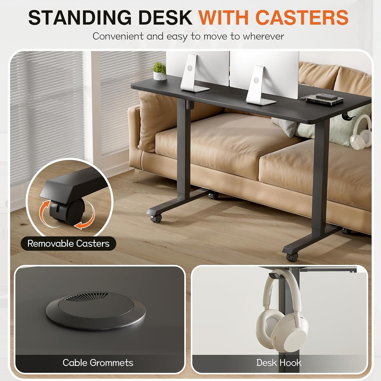 Furmax Electric Standing Desk, 47 x 24 Inches Height Adjustable Desk with Removable Casters, Home Office Computer Desk (Carbon Black)