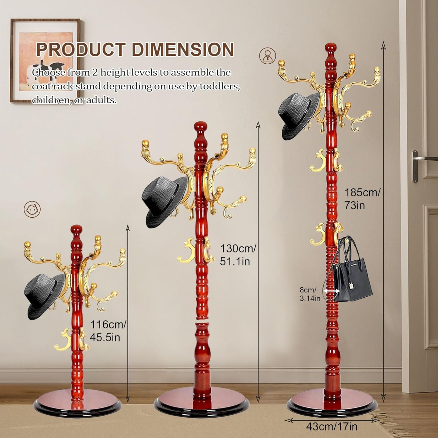 Solid Wood Coat Rack Stand with 18 Hooks, Vintage Coat Rack Freestanding with Heavy Duty Base, 3 Adjustable Height Coat Hanger Stand Hall Tree Fits Entryway Bedroom Office for Coat,Bag,Hat