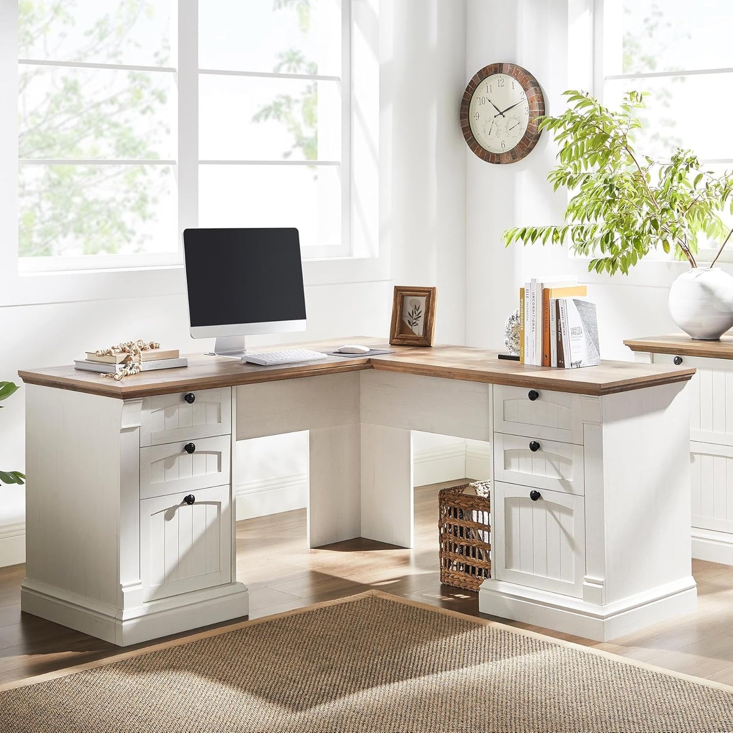 OKD 60" L Shaped Executive Desk with Drawers, Farmhouse Home Office Desk with Charging Station, File Cabinet Storage, Wood Corner Computer Desk for Work and Study, Antique White