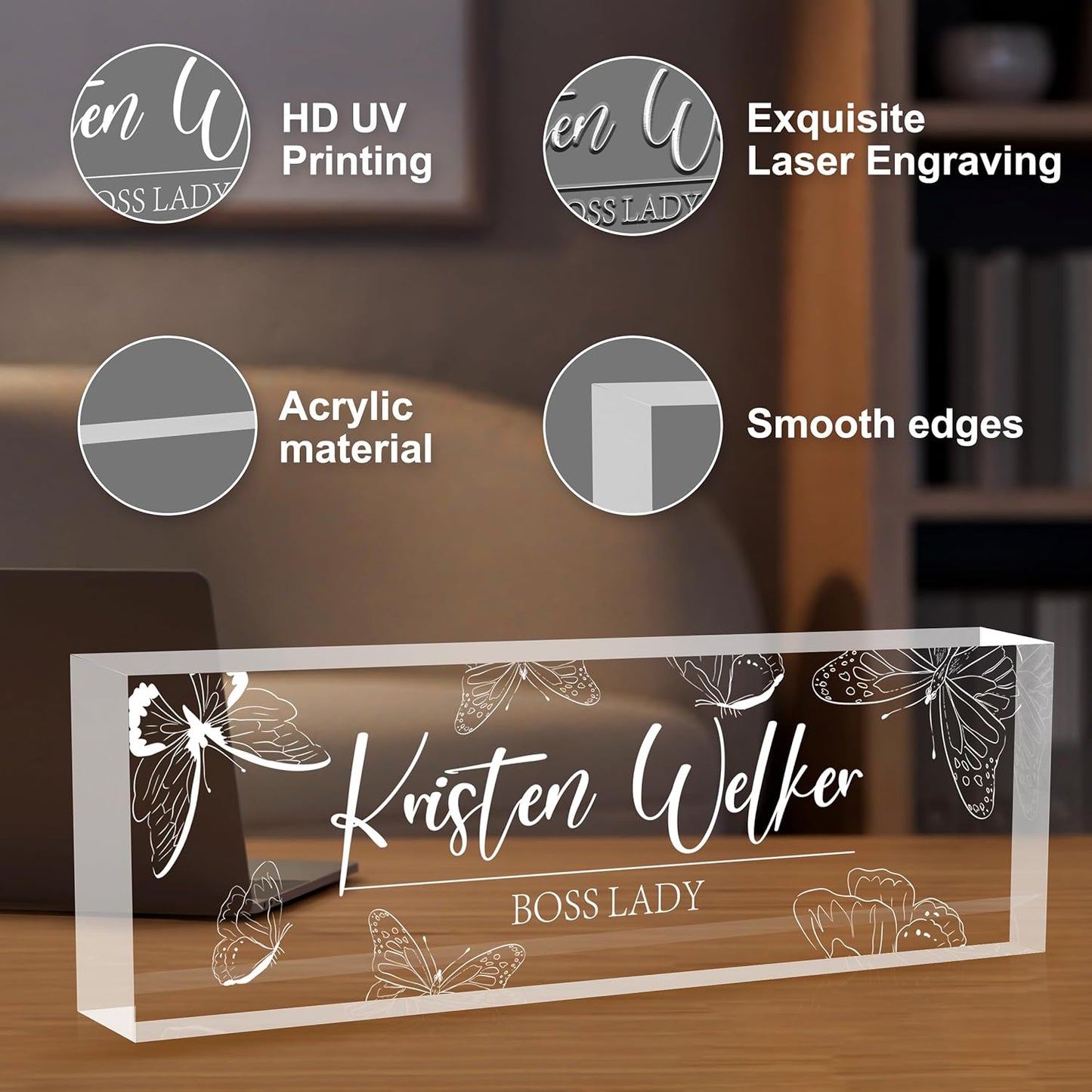 Personalized Desk Name Plates, Acrylic Engraved Name Plate for Desk, Custom Office Gifts & Desk Decor for Women Men, Employee Appreciation Gifts for Boss Teacher Nurse