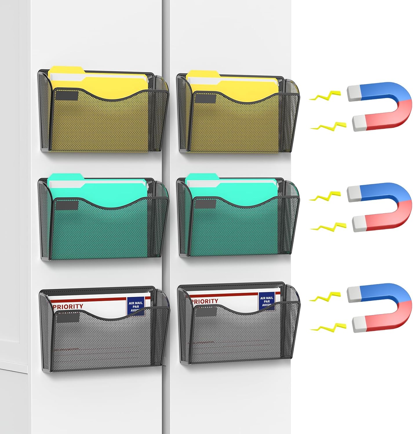 samstar 6 Pack Magnetic File Holder, Mesh Wall File Organizer File Pocket Mail Organizer Paper Folder Holder for Office/Home, No Drilling(Magnetic)