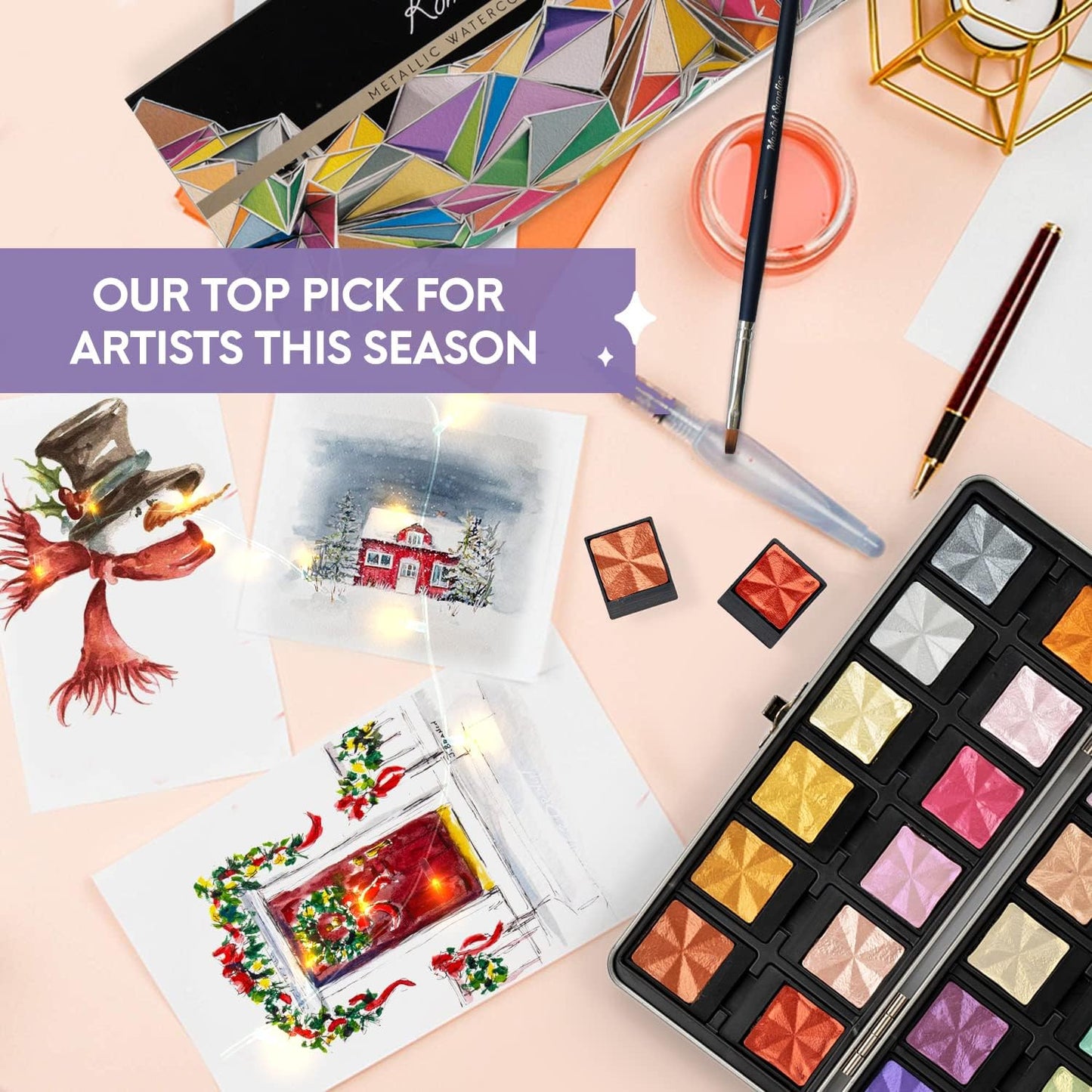 MozArt Supplies Komorebi Professional Metallic Watercolor Set - Portable Metal Box with Safety Lock and Fully Detachable Pans for Easy Customization - 24 Shimmering Colors for Arts and Crafts