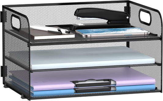 Supeasy 3 Tier Paper Organizer with Handle, Mesh Desk Organizer Letter Tray, Paper Tray File Organizer for A4 File Folder, Black