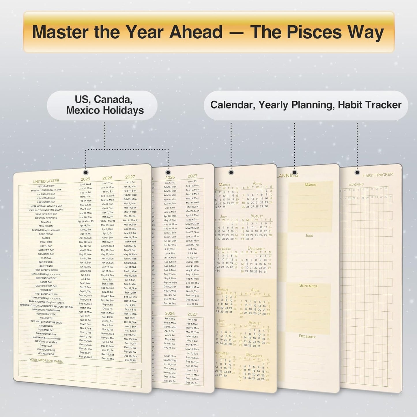 Pisces Zodiac Astrology Undated Monthly Weekly Daily Planner Journal Notebook Hardcover A5 5.7" x 8.3" 160 Pages 100GSM Paper 2025 2026 2027 Holidays Calendar