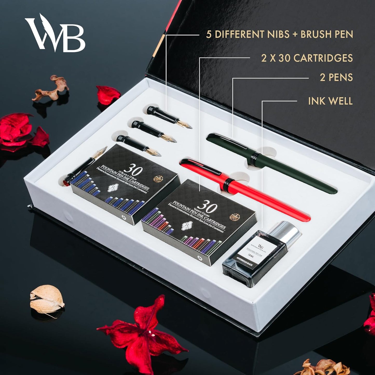 Wordsworth and Black Calligraphy Pen Set - Green - Includes 2 Calligraphy Pens, 18 ML Ink Bottle, 60 Ink Cartridges, Ink Refill Converter, 1 Medium and 4 Broad Nibs, Brush Pen