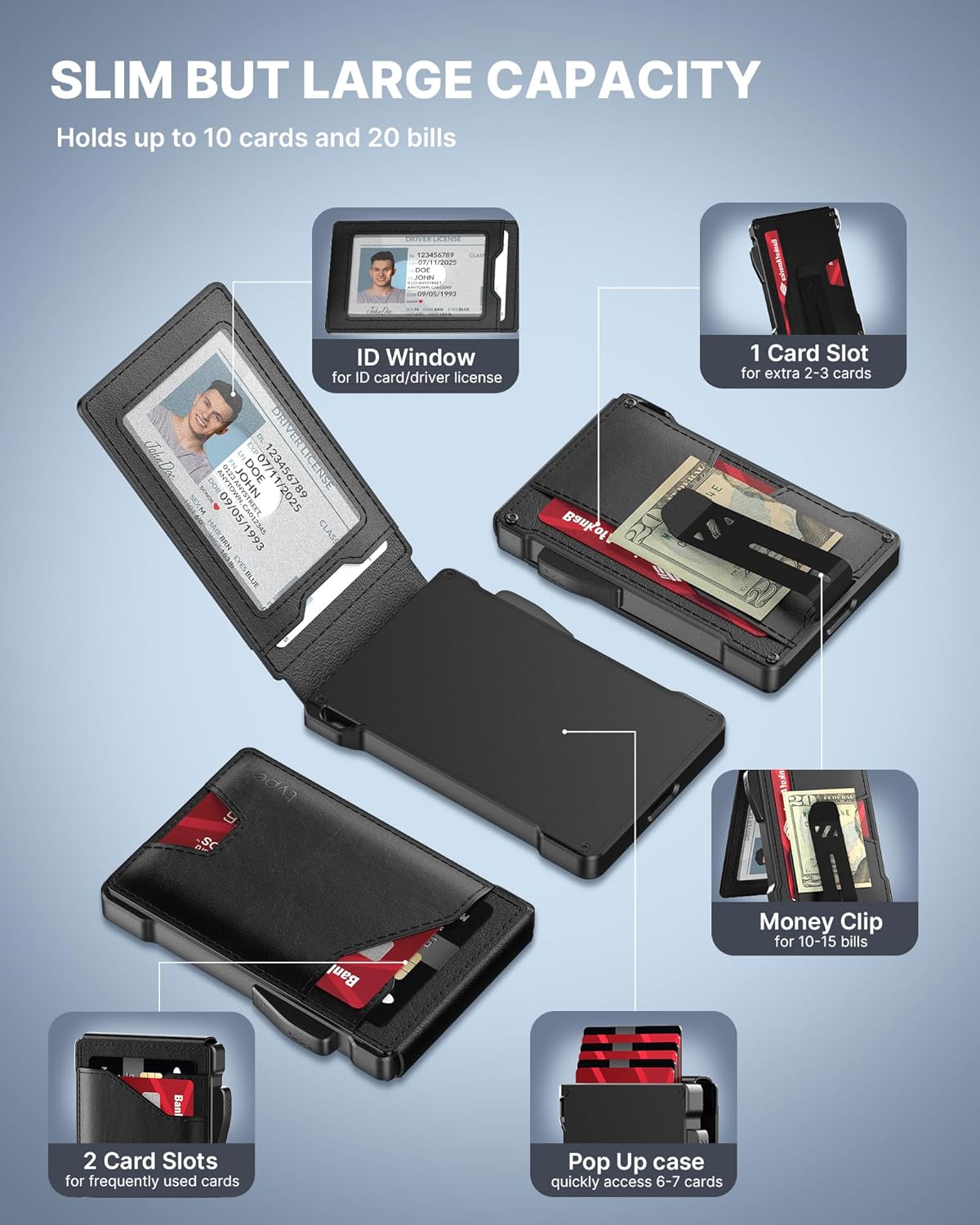 typecase Tactical Wallet for Men Card Holder: Pop Up Card Case, Genuine Leather, Smart, RFID Blocking, Slim, Minimalist, Thin, Front Pocket - 9-13 Card Capacitiy, ID Window, Money Clip (Black)