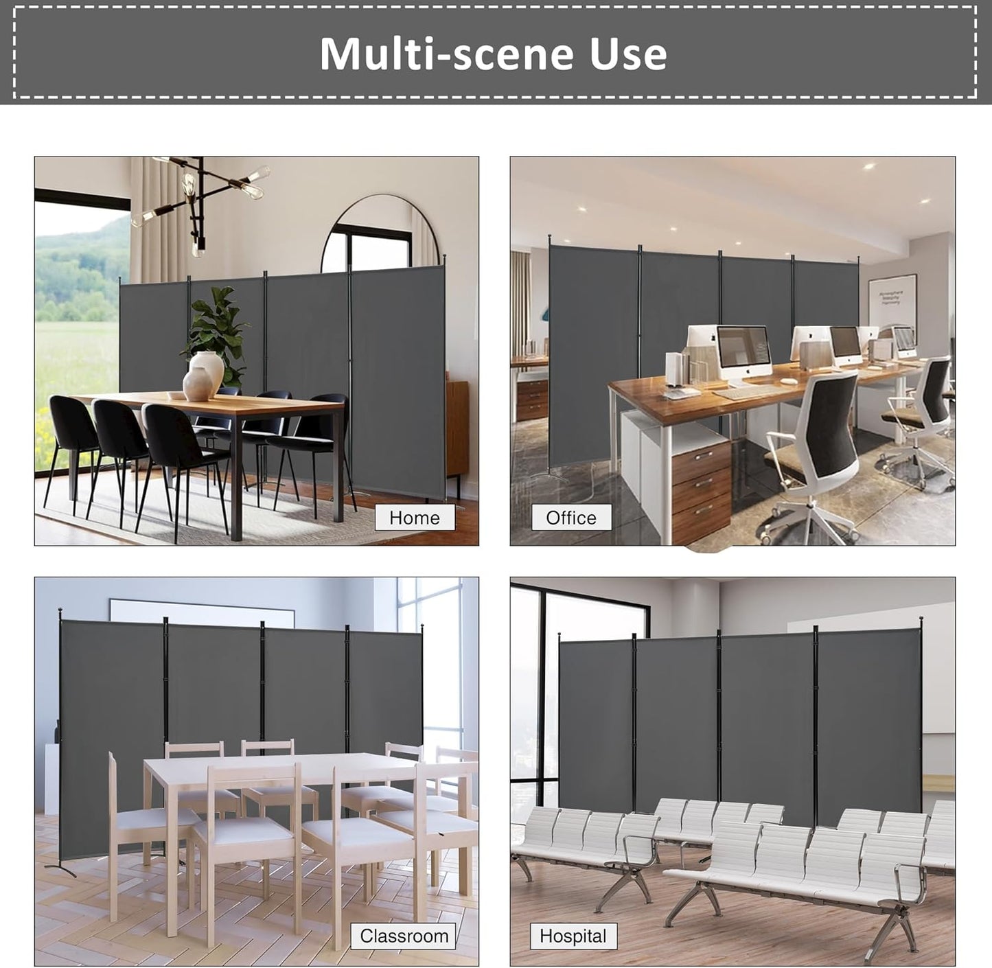 Spurgehom 4 Panel Room Divider Folding Privacy Screen, Freestanding Fabric Partition Portable Room Partition Wall Dividers for Home Office Room Restaurant, 136" W X 72" H (Grey)
