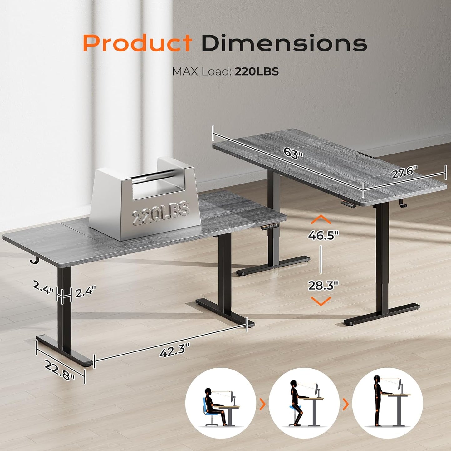 Huuger 63 x 28 Large Electric Standing Desk, Height Adjustable Computer Desk, 27.6" Deep Desktop, Stand up Gaming Office Table with 2 Hooks, 3 Preset Heights, for Home Office, Grey