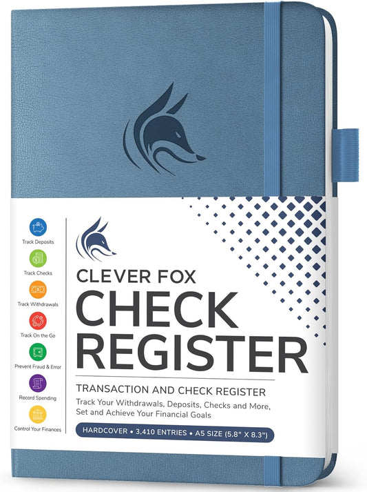Clever Fox Check Register Book - Deluxe Transaction Register, Accounting Ledger Book, Checkbook Register & Checking Account Register Book for Personal and Work Use, A5 Hardcover - Smoke Blue