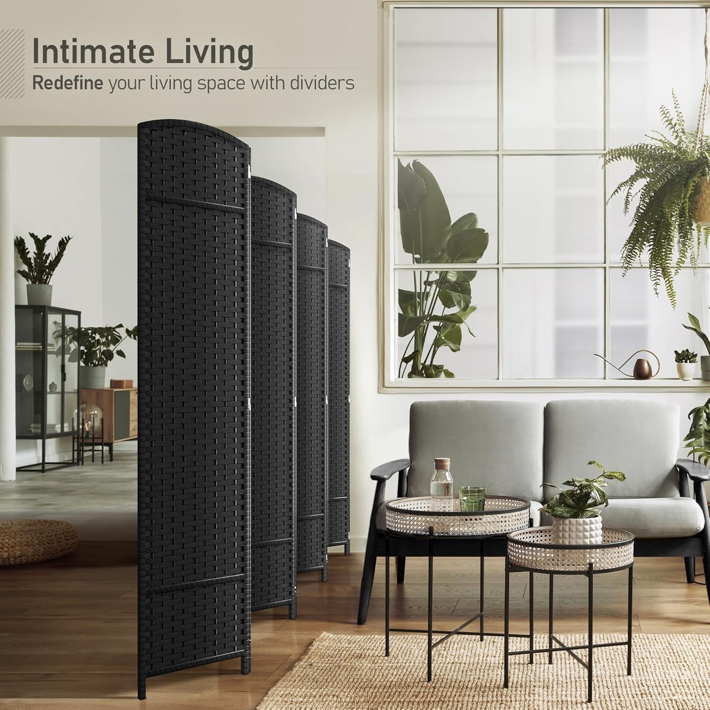 Sorbus 8-Panel Black Room Divider with Double Hinged Panels, 6 ft Tall Folding Privacy Screen