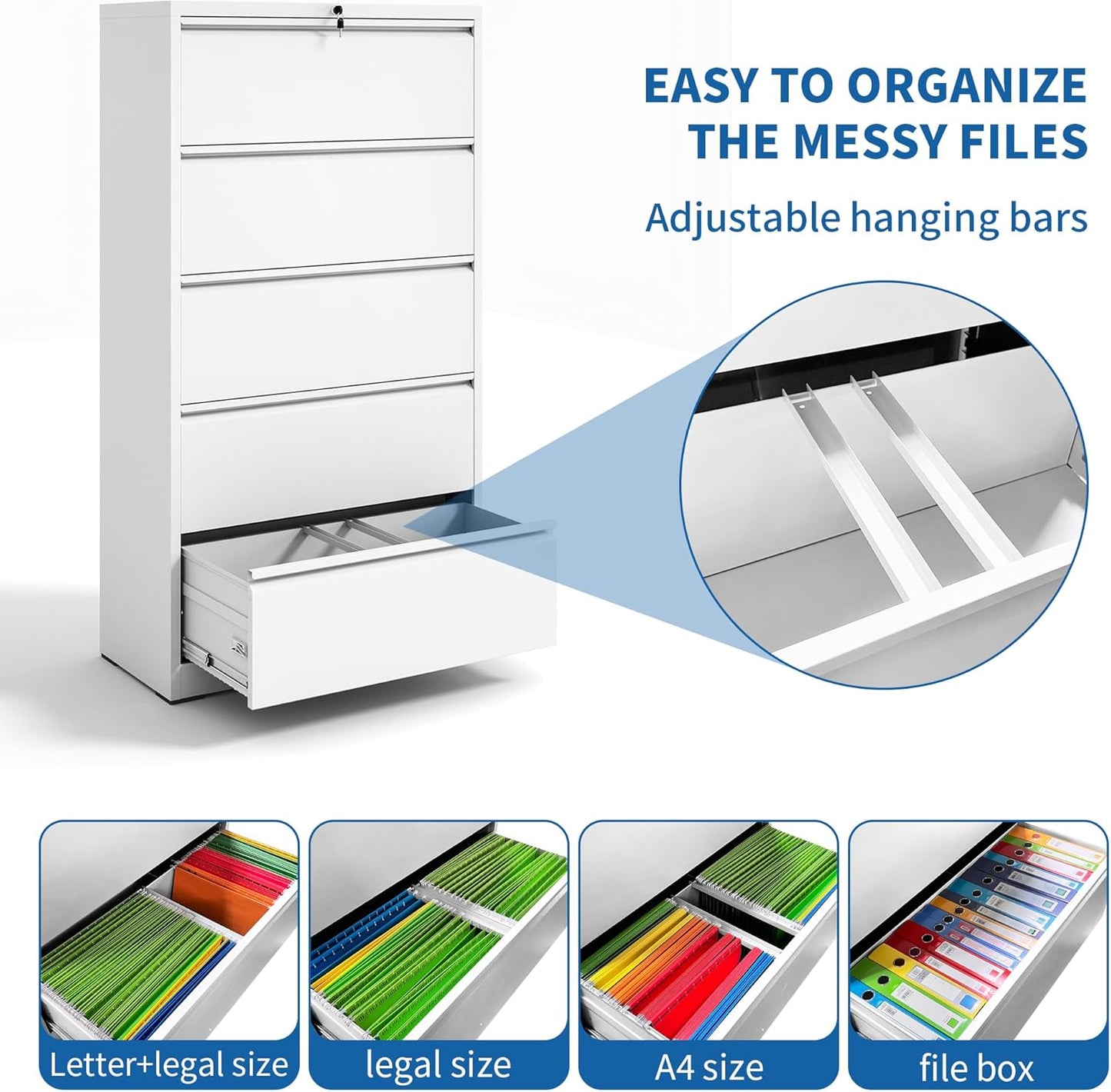5 Drawer Lateral File Cabinet with Lock, File Cabinets for Home Office Legal/Letter A4 Size, File Cabinet Storage Cabinet, Require Assembly, White
